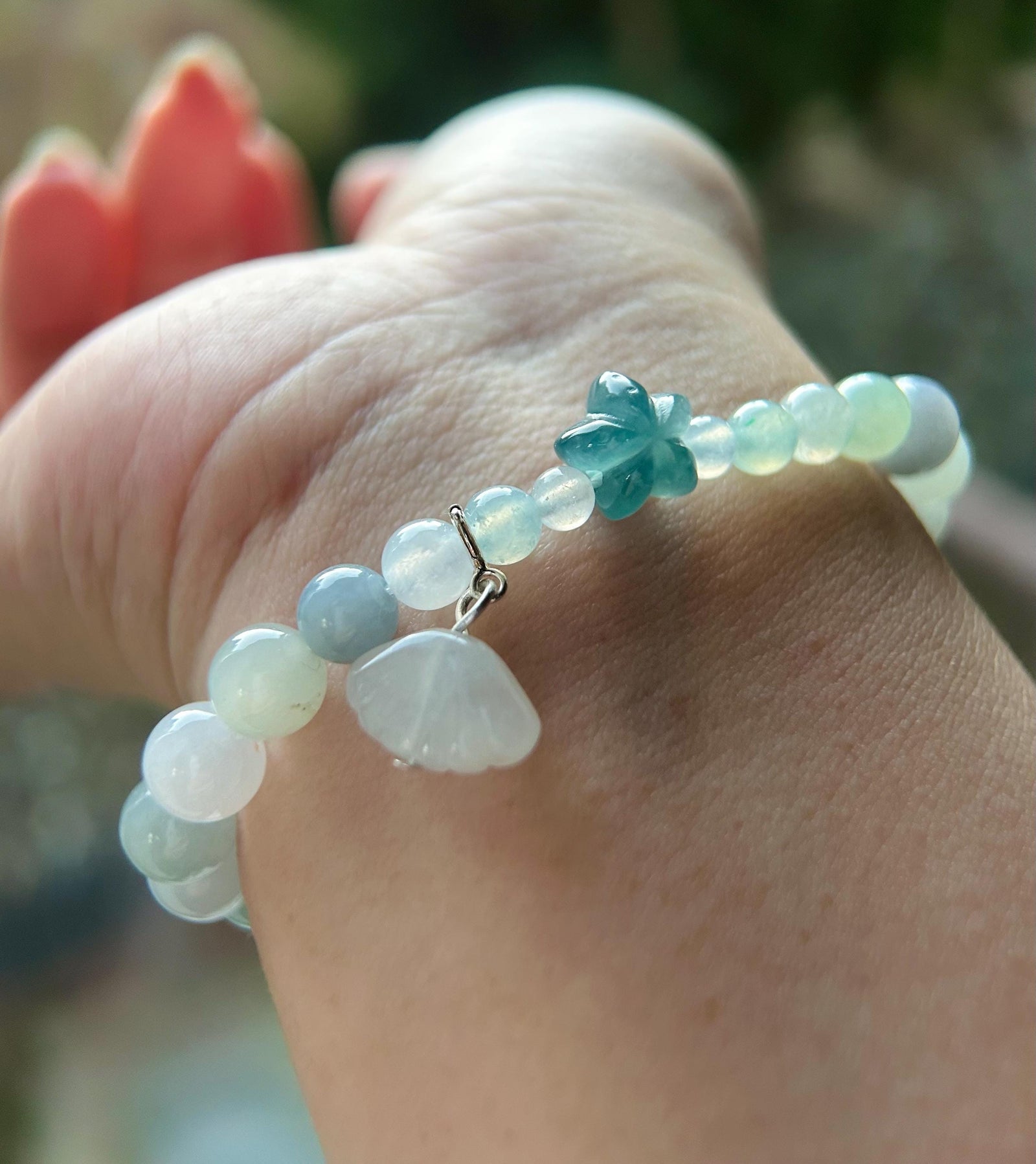 Burmese Jadeite Beaded Bracelet: Natural Type A Icy Translucent Myanmar 8mm Jade Starfish Focal Shellfish Charm