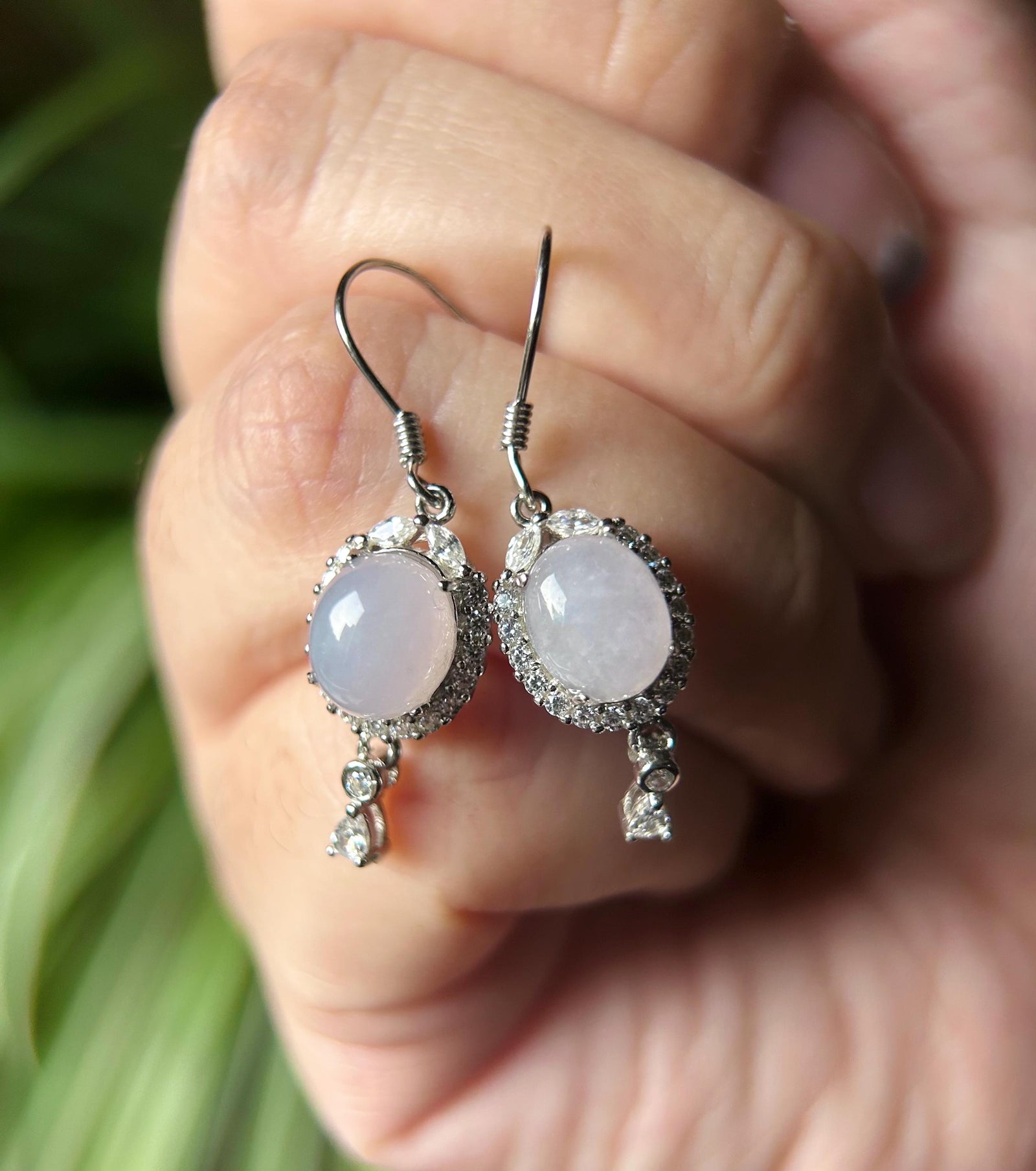 Natural Jadeite & Sterling Silver Earrings Burmese Type A Highly Translucent Icy Pale Lavender or White Myanmar Jade