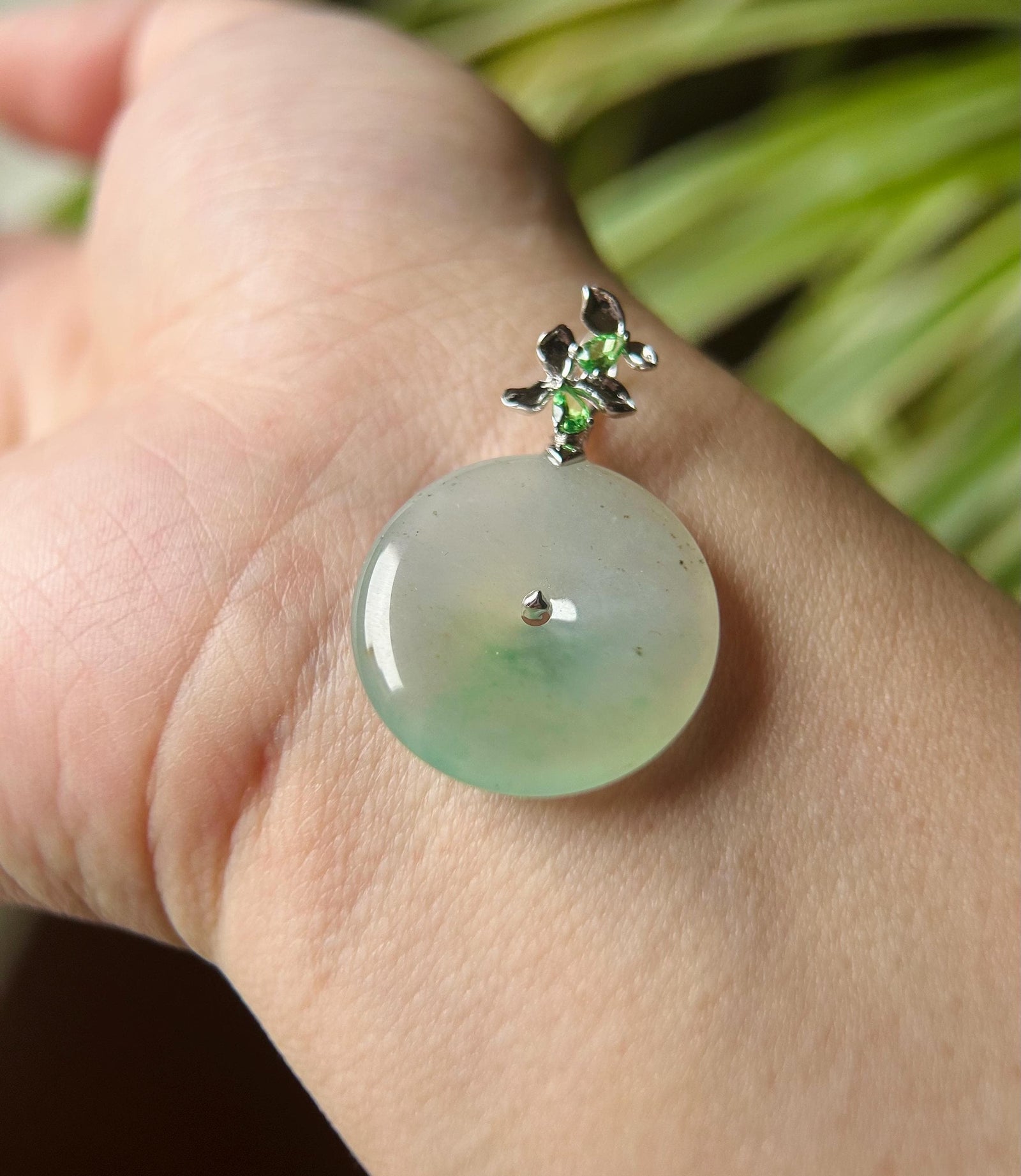 Natural Jadeite, Tsavorite & 18k Solid Gold Lucky Donut Pendant Burmese Type A Superior Translucency Green Floral Jade Certified