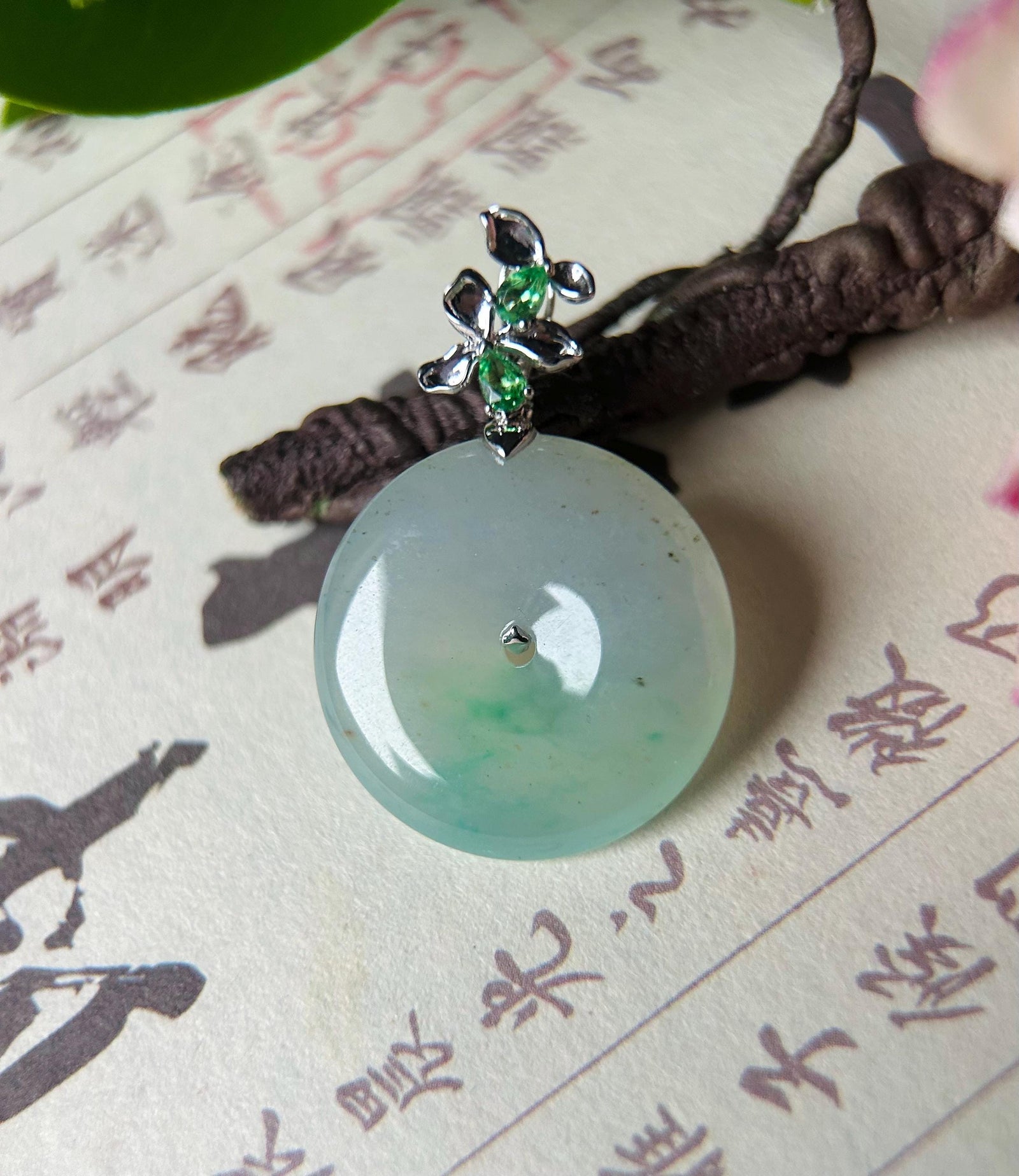 Natural Jadeite, Tsavorite & 18k Solid Gold Lucky Donut Pendant Burmese Type A Superior Translucency Green Floral Jade Certified