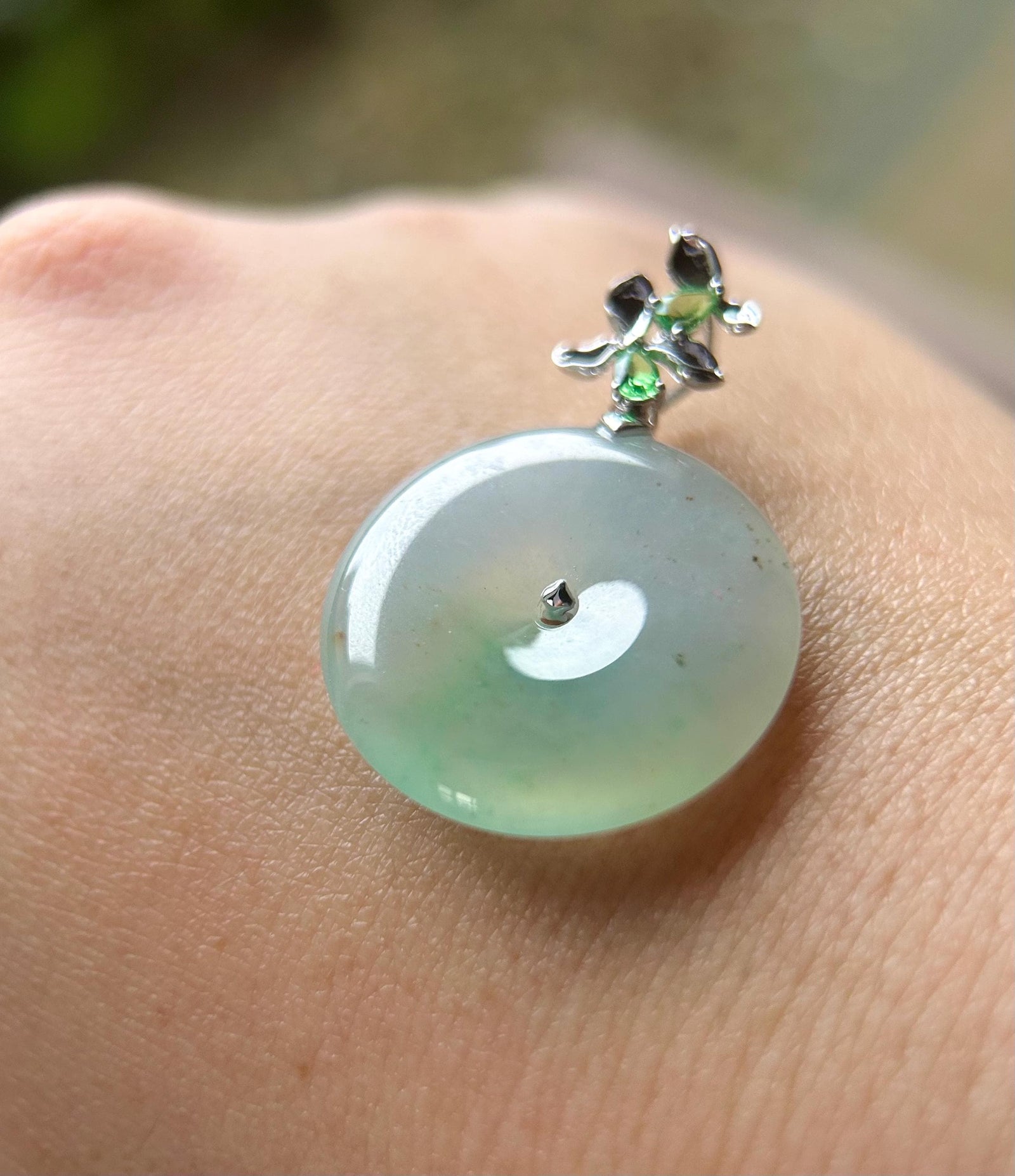 Natural Jadeite, Tsavorite & 18k Solid Gold Lucky Donut Pendant Burmese Type A Superior Translucency Green Floral Jade Certified