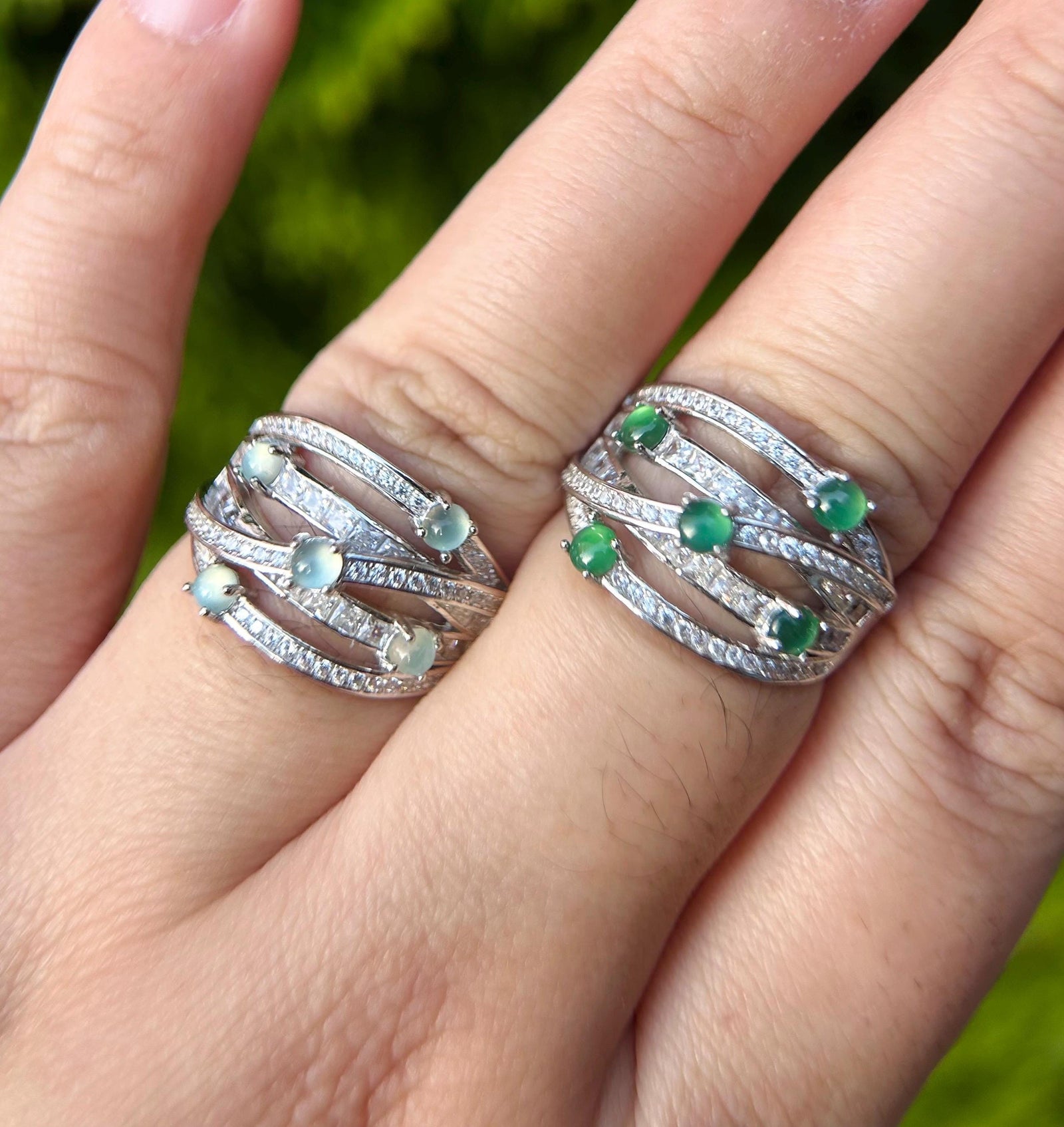 Natural Jadeite & Sterling Silver Adjustable Ring Band Authentic Type A Translucent Icy Green or Blue Jade