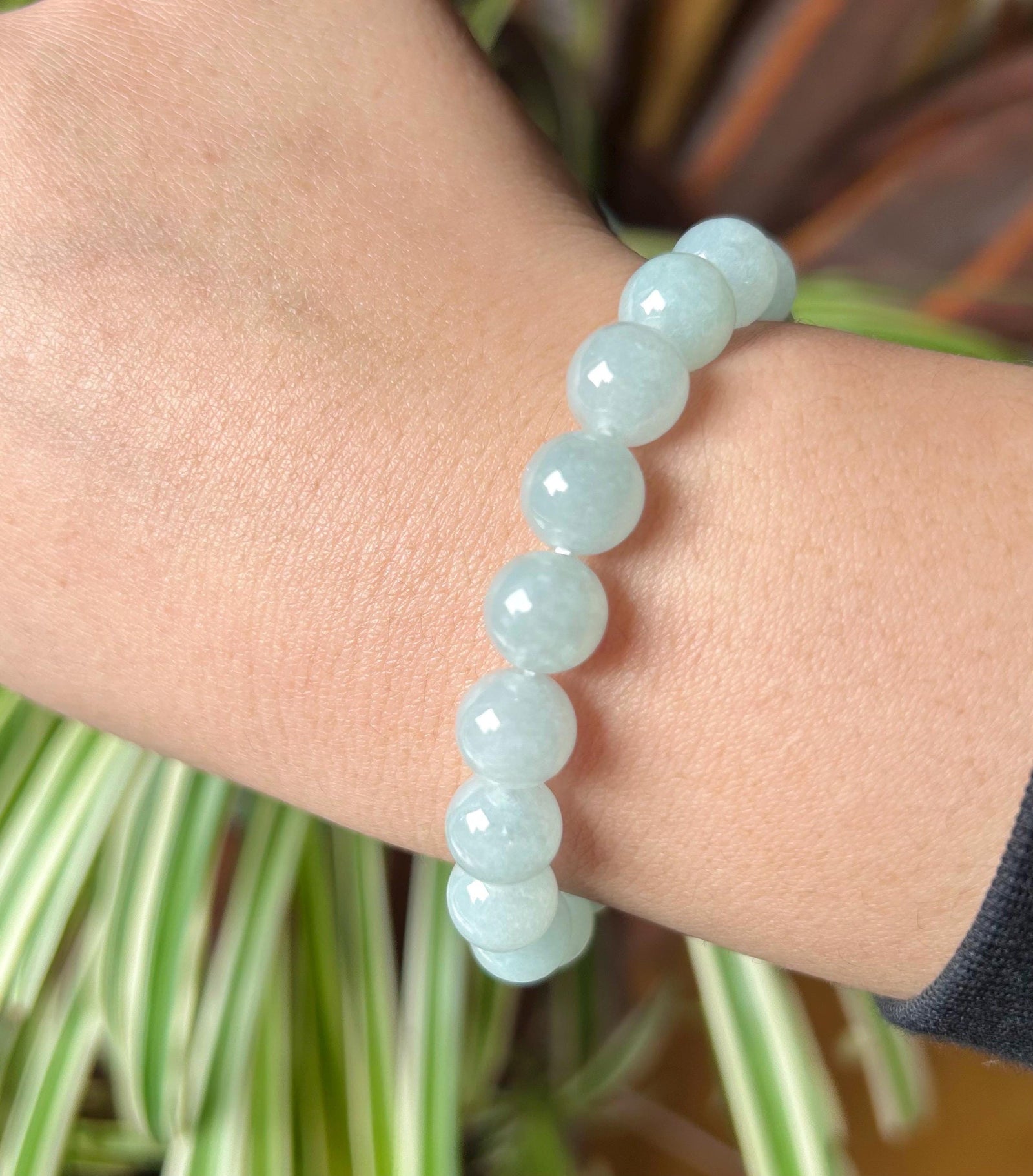 Natural Jadeite Beaded Bracelet Handmade Jewelry Gift for Her Burmese Type A Highly Translucent Icy Blue 9.5mm Jade