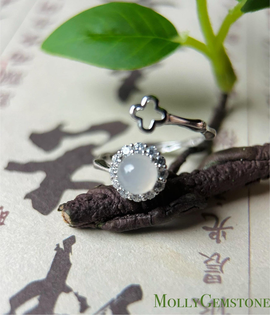 Natural Jadeite & 925 Sterling Silver Adjustable Ring Jewelry Gift Burmese Type A Highly Translucent Icy White Jade