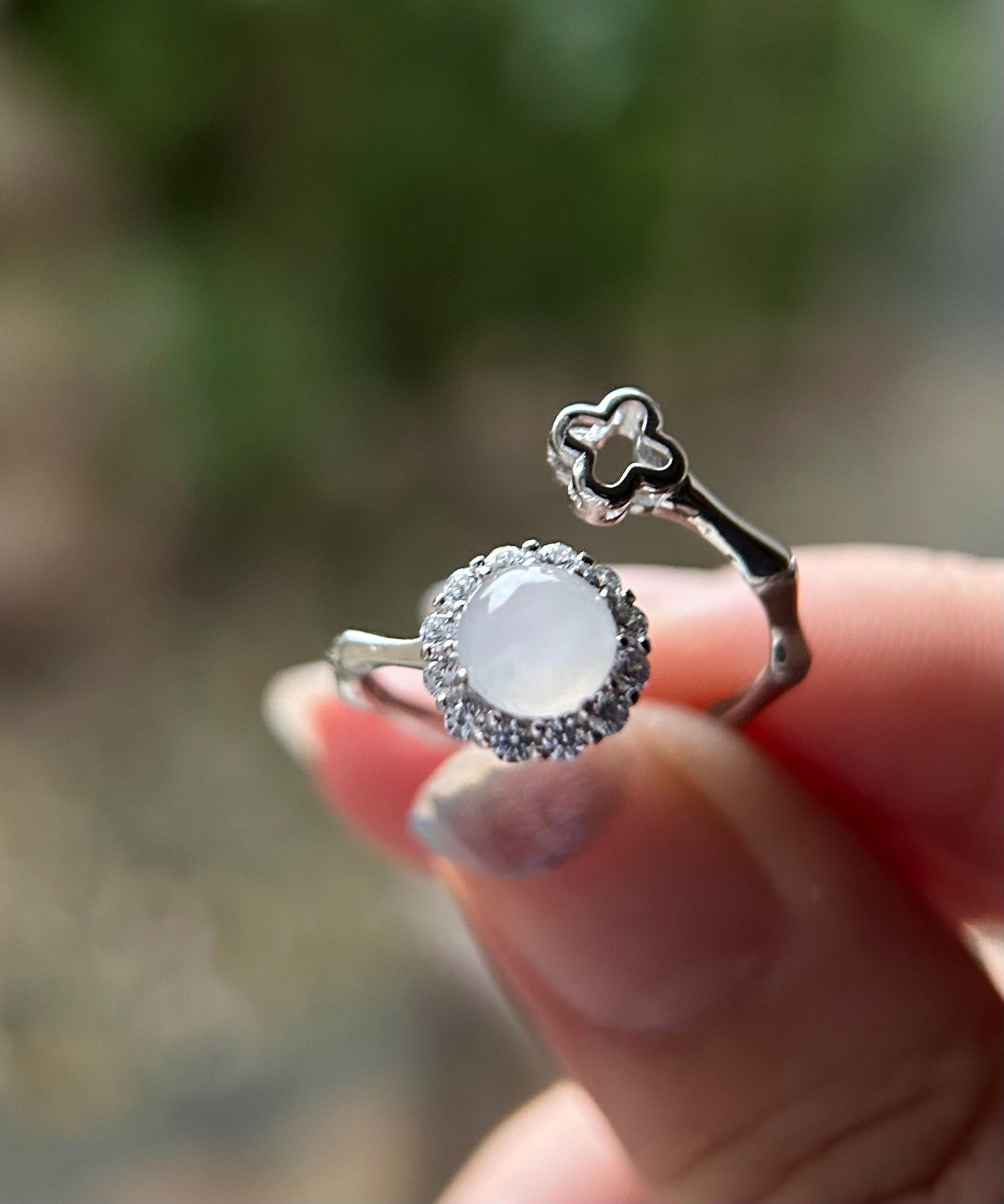 Natural Jadeite & 925 Sterling Silver Adjustable Ring Jewelry Gift Burmese Type A Highly Translucent Icy White Jade