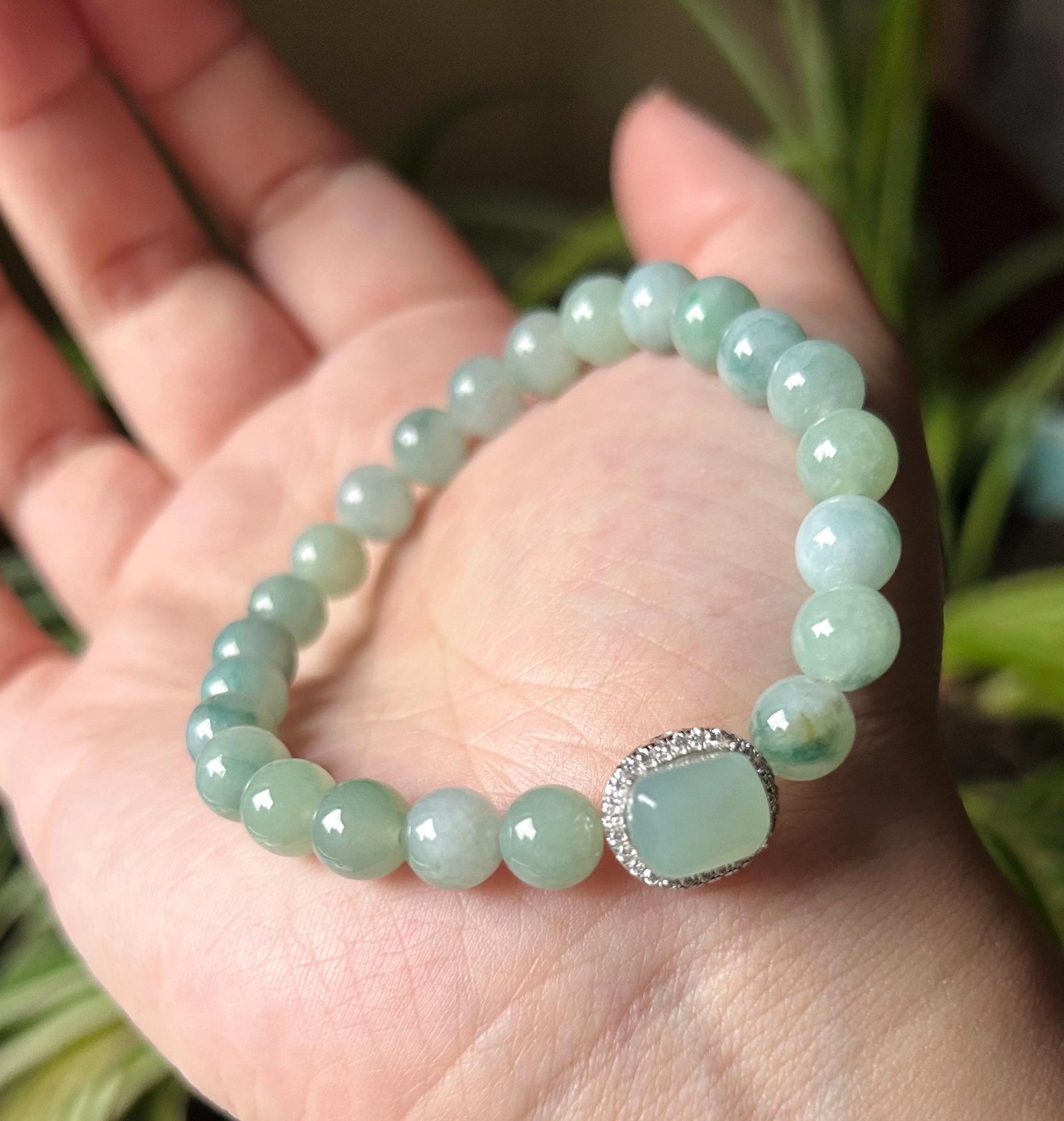 Natural Jadeite Beaded Bracelet with Ice Cube Focal Charm Burmese Type A Translucent Icy Blue Floral 7mm Jade