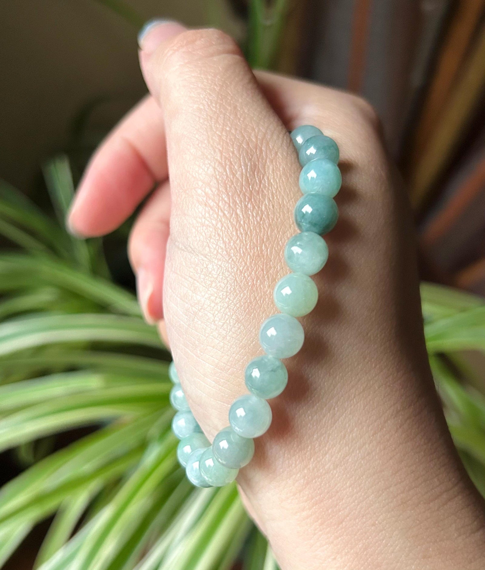 Natural Jadeite Beaded Bracelet with Ice Cube Focal Charm Burmese Type A Translucent Icy Blue Floral 7mm Jade