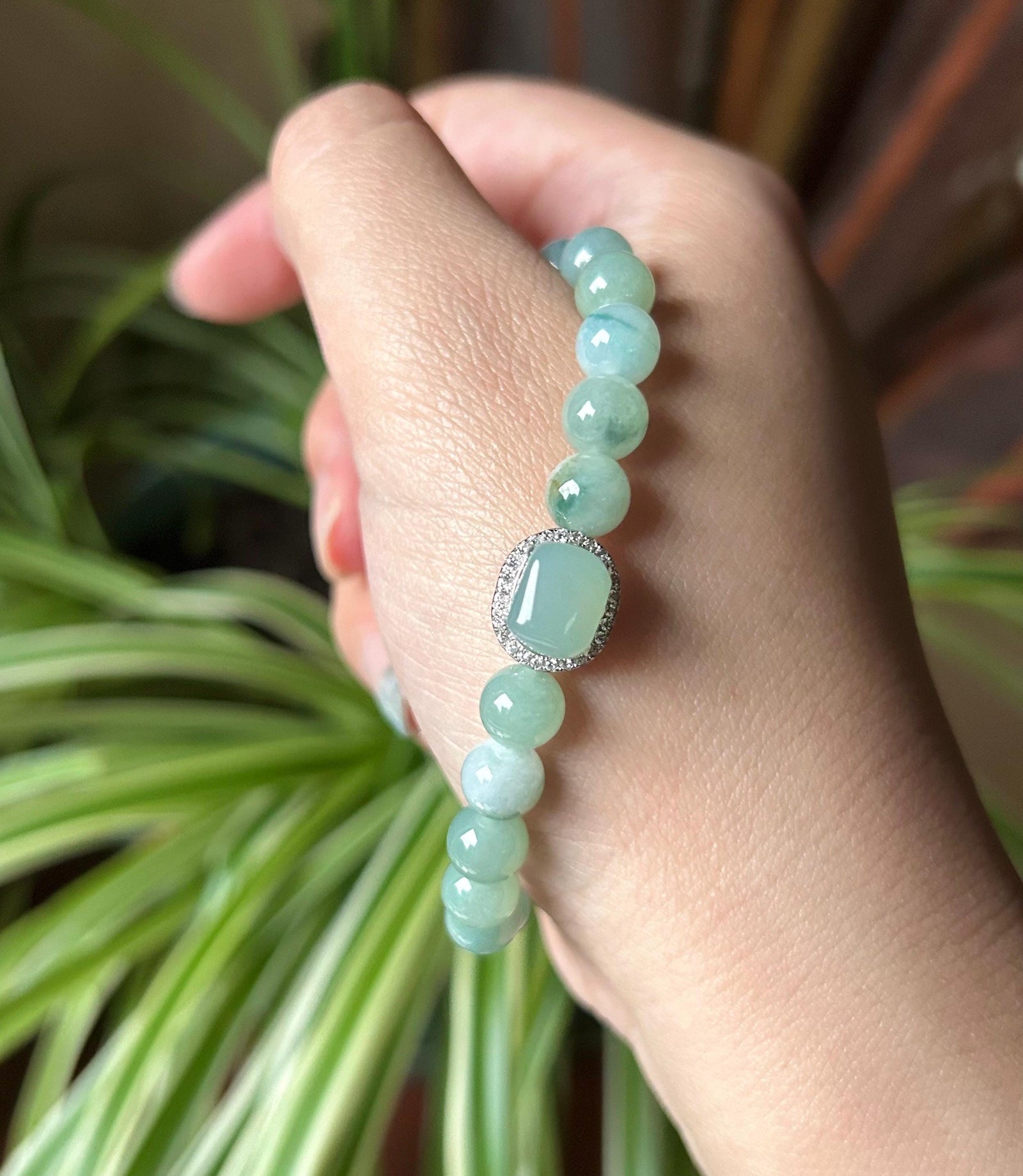Natural Jadeite Beaded Bracelet with Ice Cube Focal Charm Burmese Type A Translucent Icy Blue Floral 7mm Jade