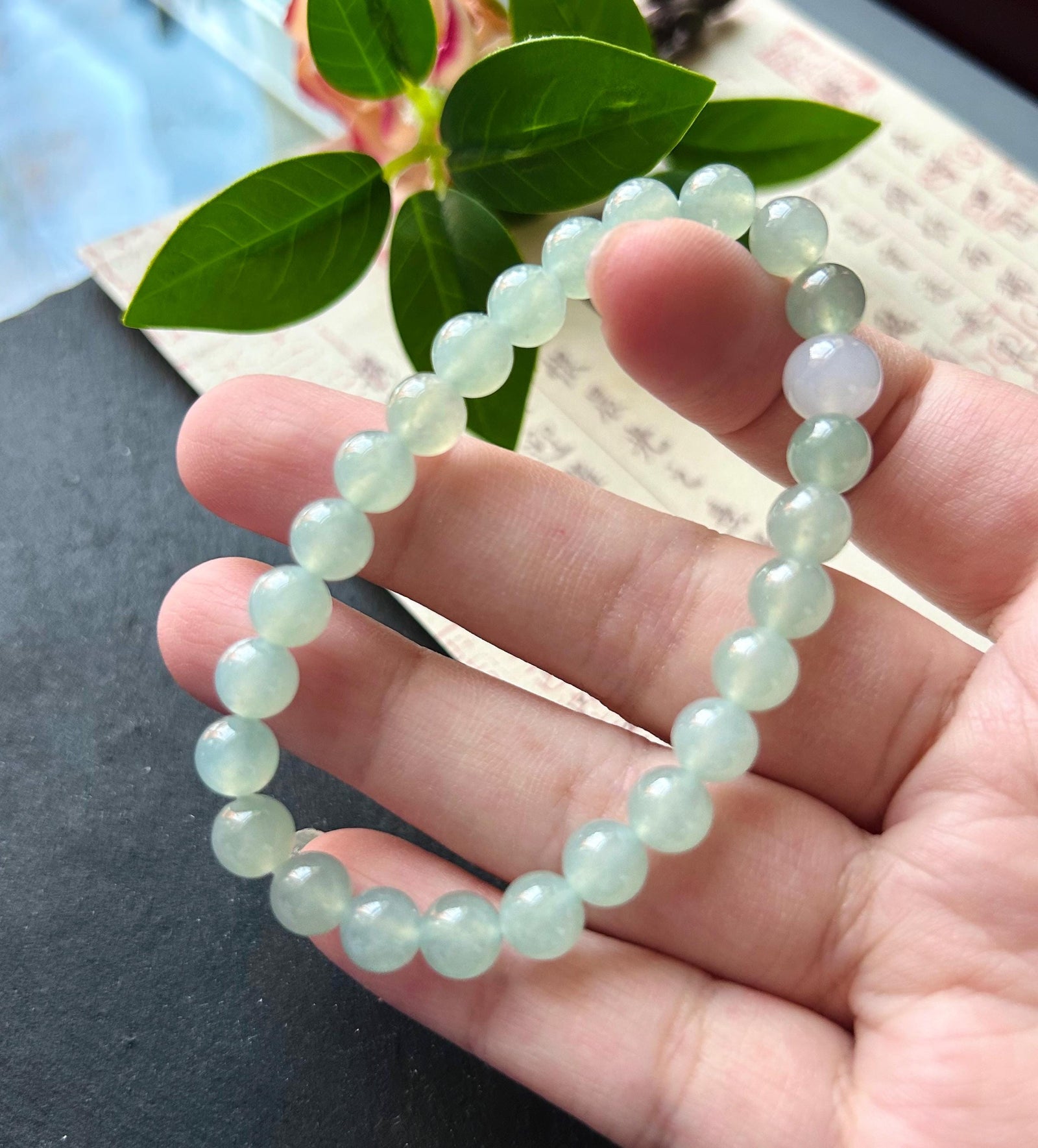 Natural Jadeite Beaded Bracelet Burmese Type A Super High Translucency Icy Clear Water Green/Blue Jade 7mm