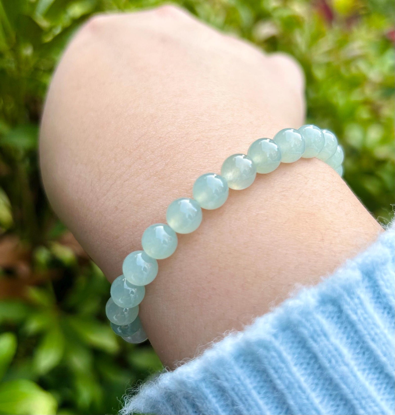 Natural Jadeite Beaded Bracelet Burmese Type A Super High Translucency Icy Clear Water Green/Blue Jade 7mm