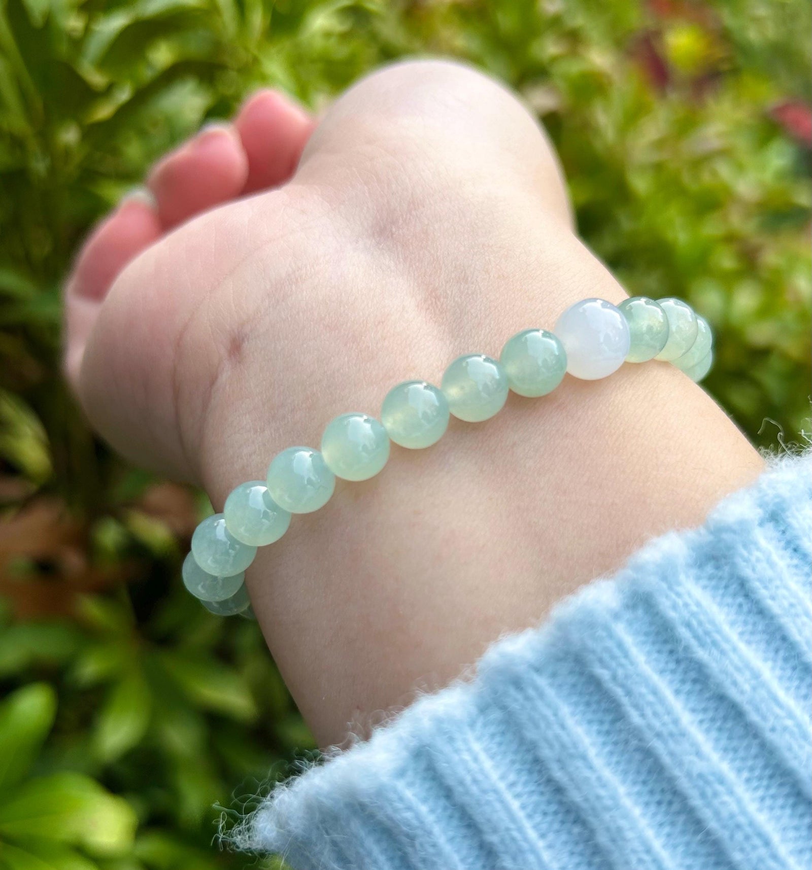 Natural Jadeite Beaded Bracelet Burmese Type A Super High Translucency Icy Clear Water Green/Blue Jade 7mm