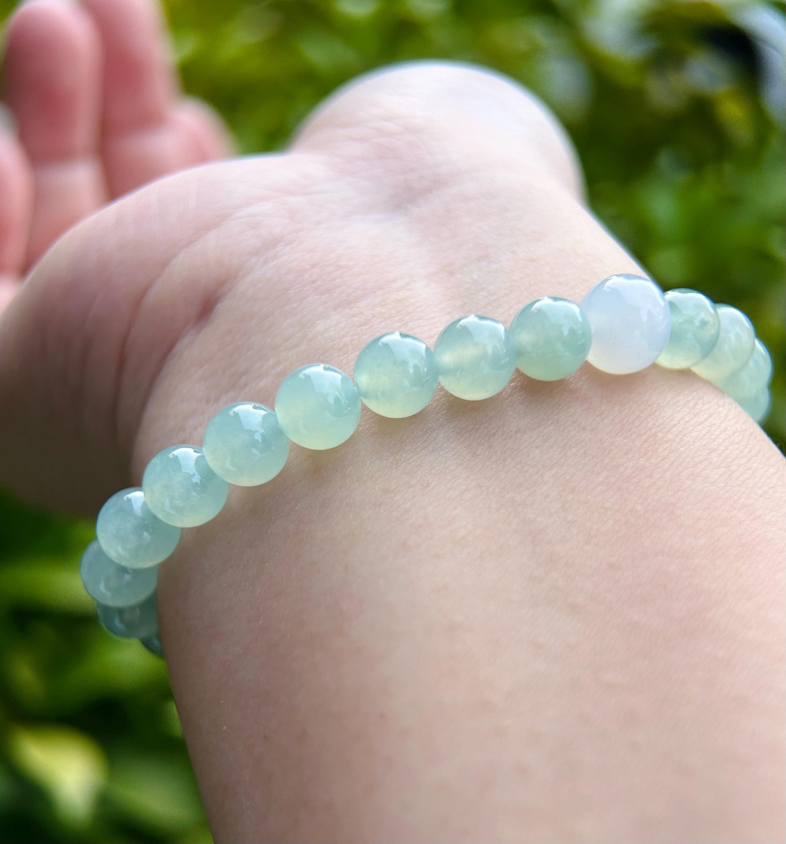 Natural Jadeite Beaded Bracelet Burmese Type A Super High Translucency Icy Clear Water Green/Blue Jade 7mm