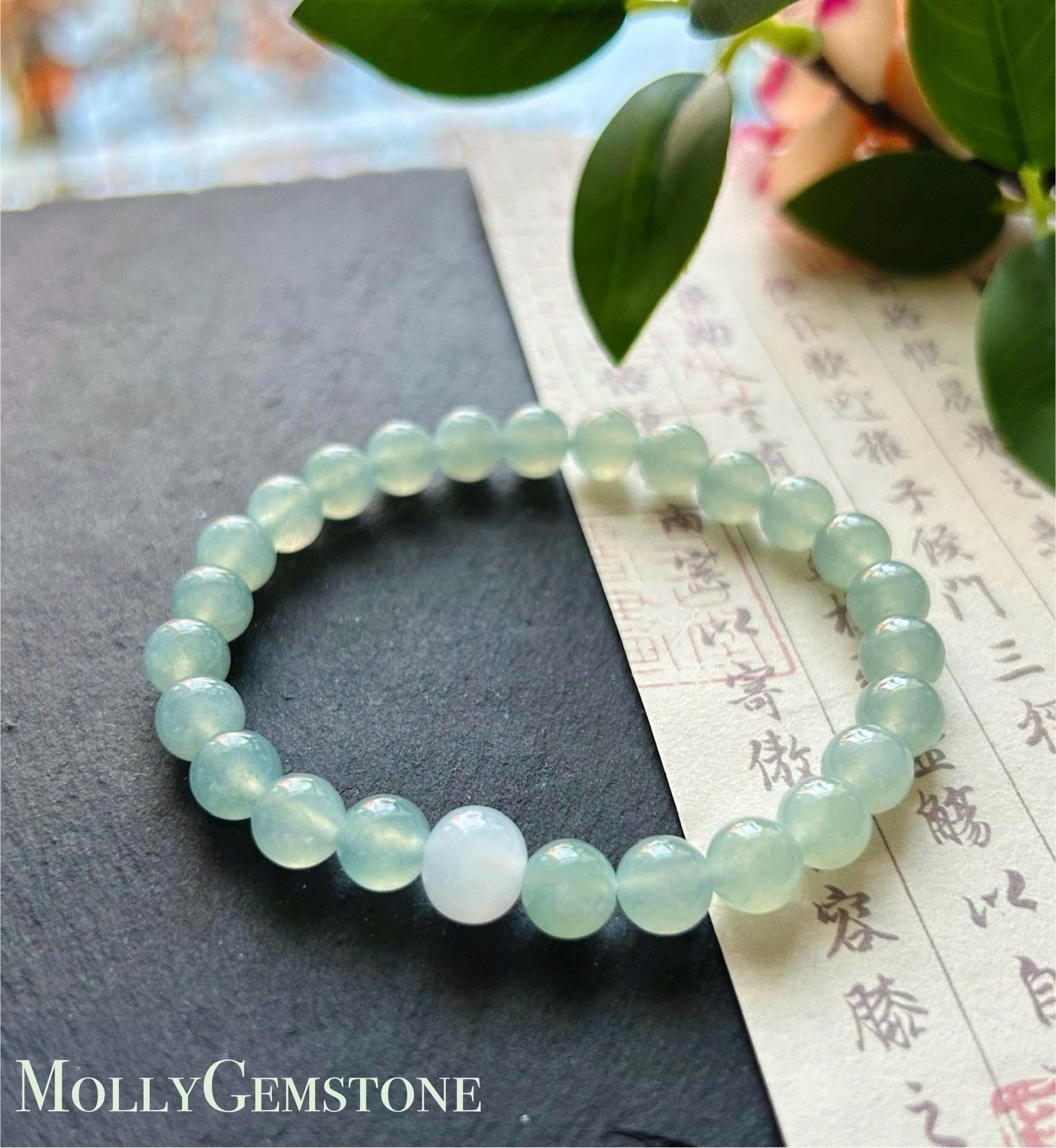 Natural Jadeite Beaded Bracelet Burmese Type A Super High Translucency Icy Clear Water Green/Blue Jade 7mm