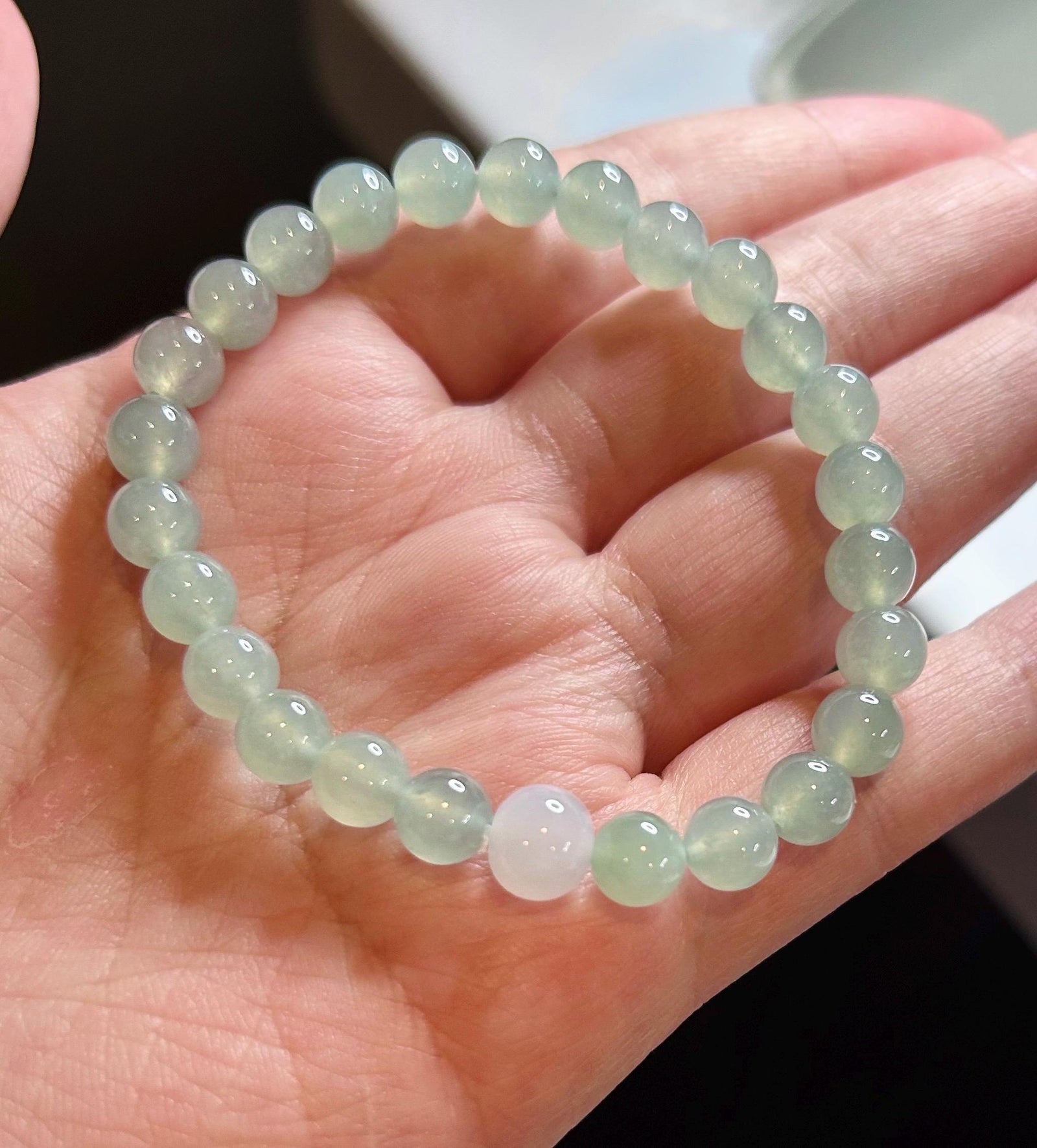 Natural Jadeite Beaded Bracelet Burmese Type A Super High Translucency Icy Clear Water Green/Blue Jade 7mm