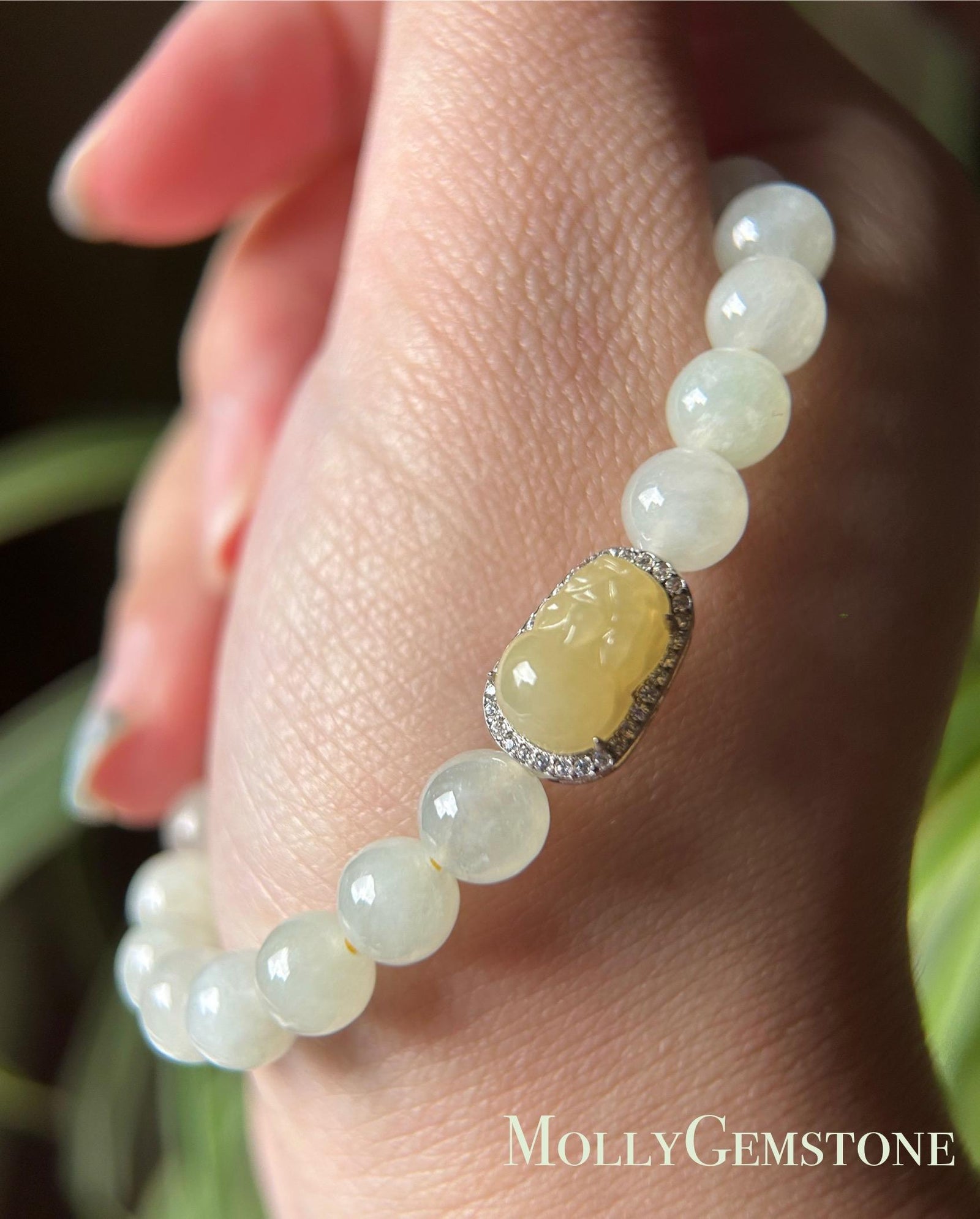 Natural Jadeite Beaded Bracelet | Burmese Type A Icy Yellow Green 7mm Beads | Jade Pixiu Wealth Charm in Sterling Silver Frame