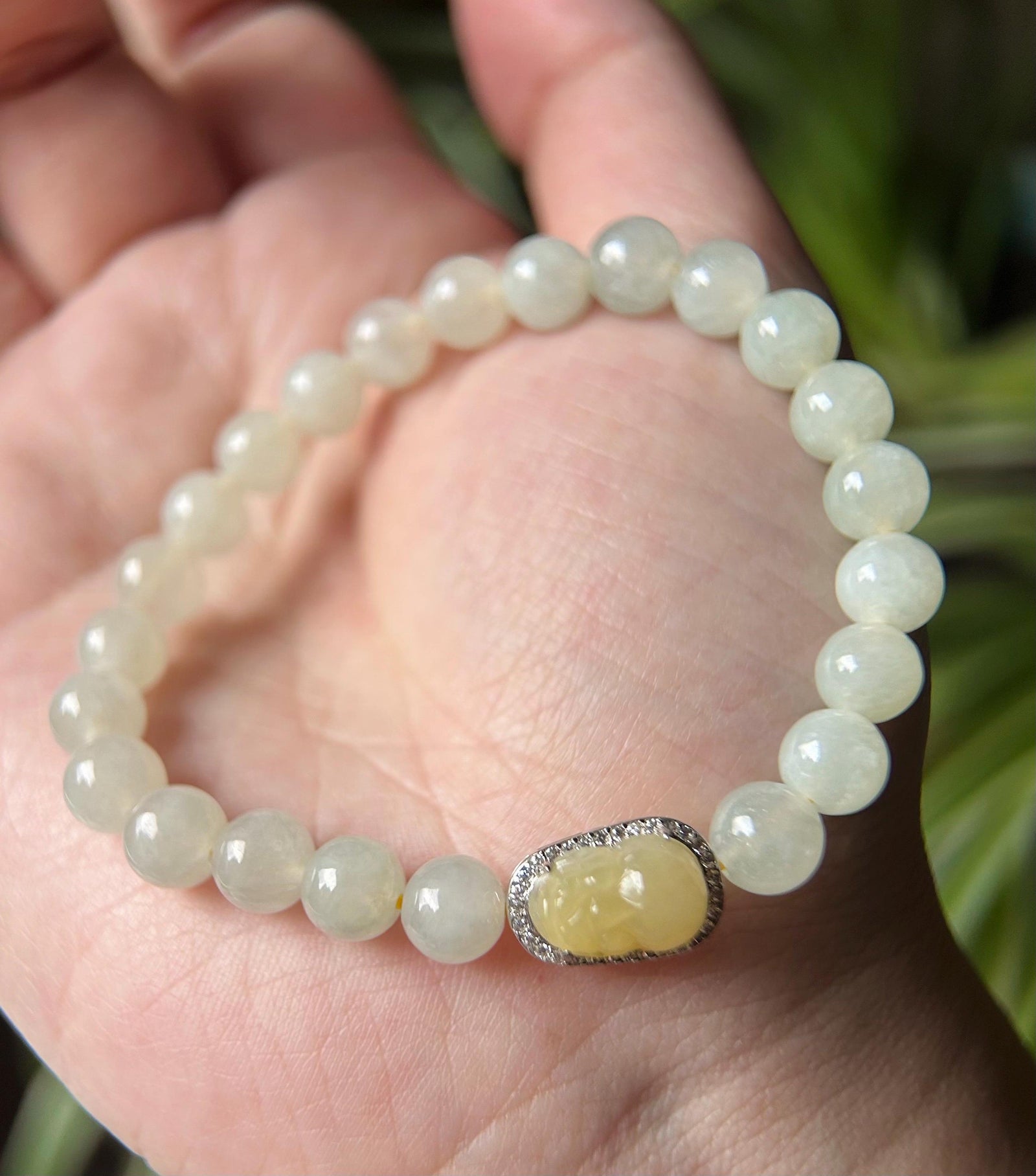 Natural Jadeite Beaded Bracelet | Burmese Type A Icy Yellow Green 7mm Beads | Jade Pixiu Wealth Charm in Sterling Silver Frame