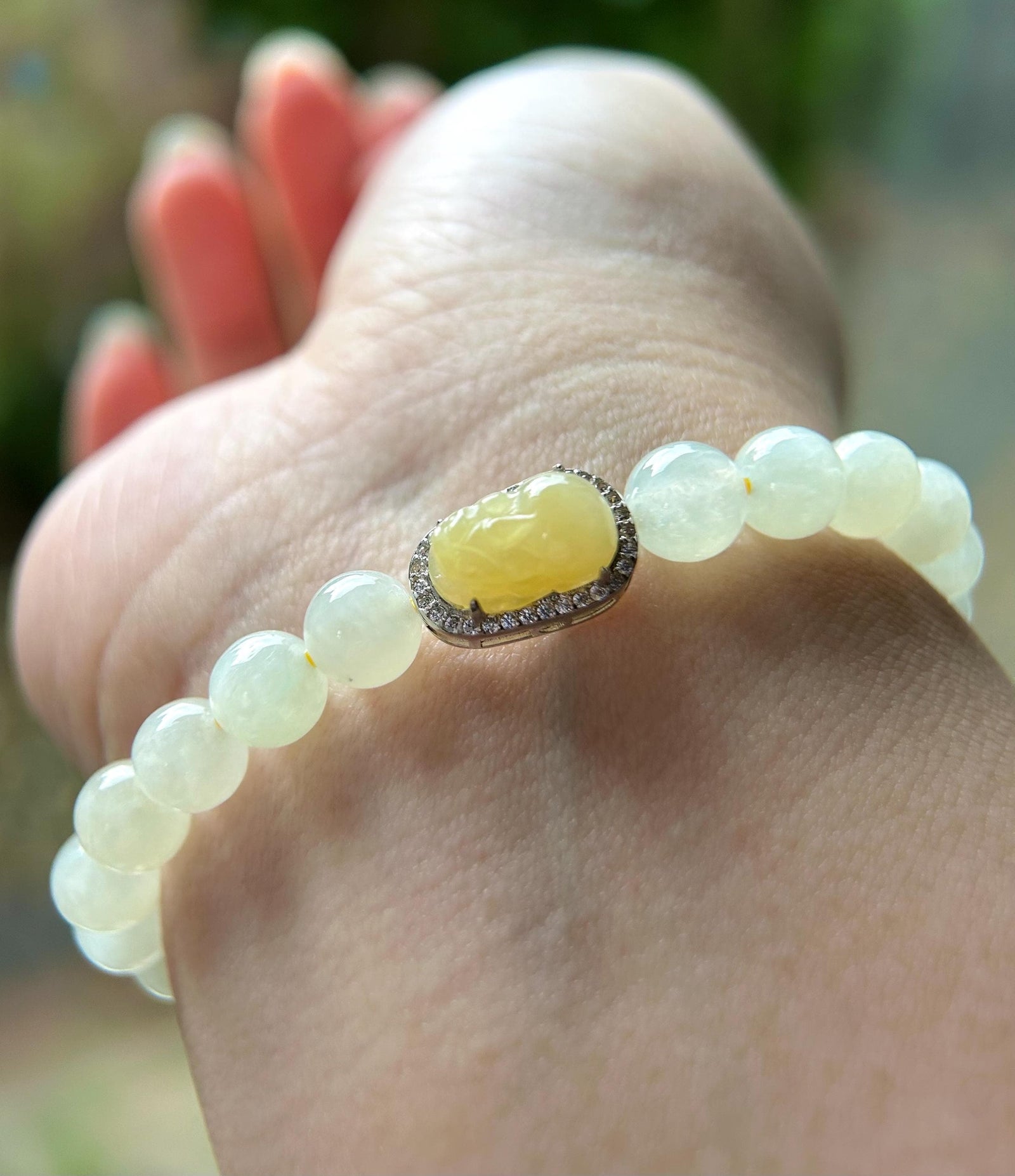 Natural Jadeite Beaded Bracelet | Burmese Type A Icy Yellow Green 7mm Beads | Jade Pixiu Wealth Charm in Sterling Silver Frame