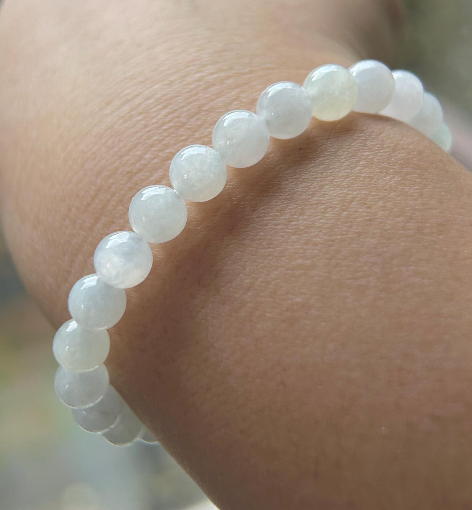 Natural Jadeite Beaded Bracelet – Burmese Type A Icy White 7mm Beads, Green Jade Pea Charm, Sterling Silver Frame
