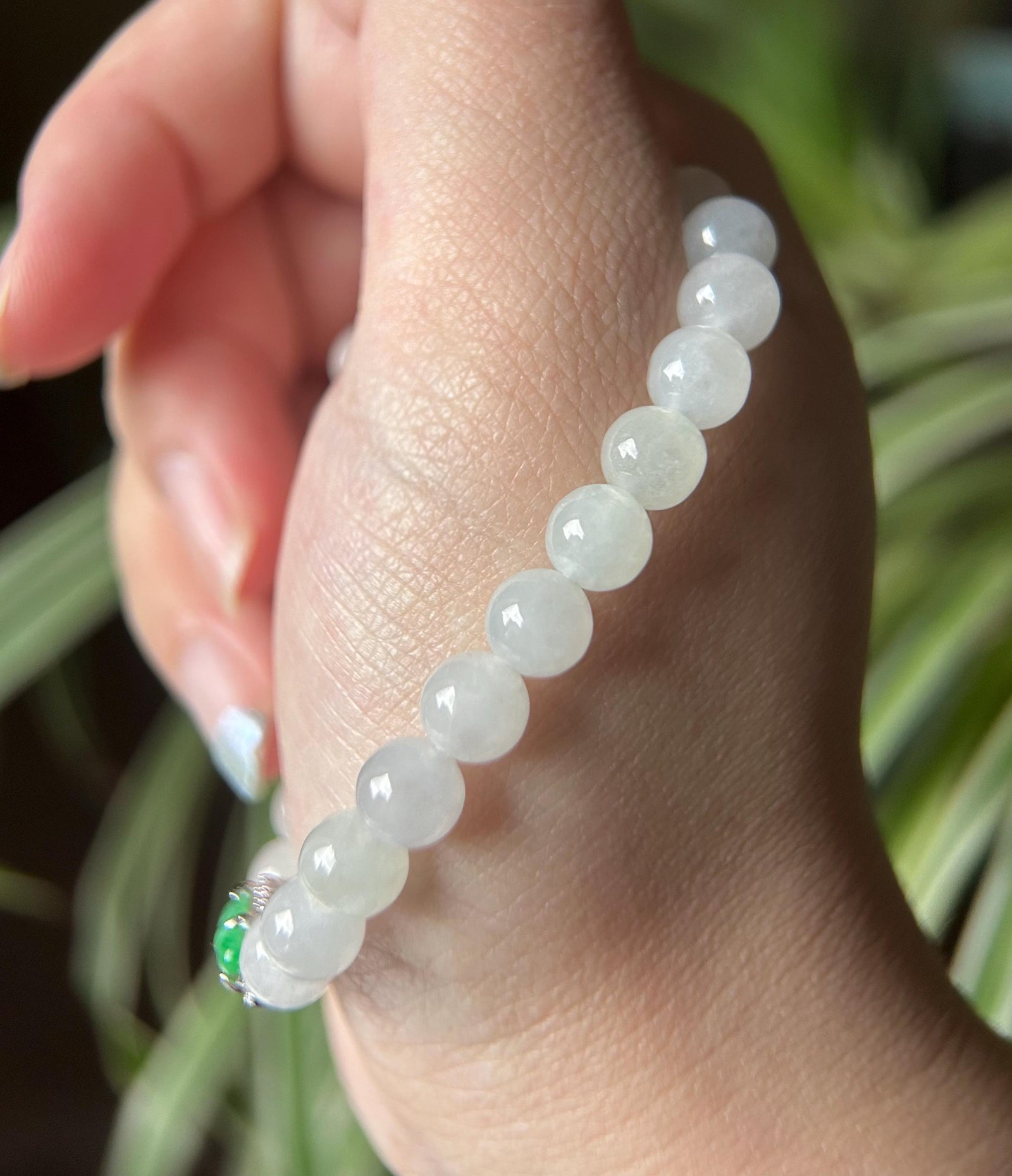Natural Jadeite Beaded Bracelet – Burmese Type A Icy White 7mm Beads, Green Jade Pea Charm, Sterling Silver Frame