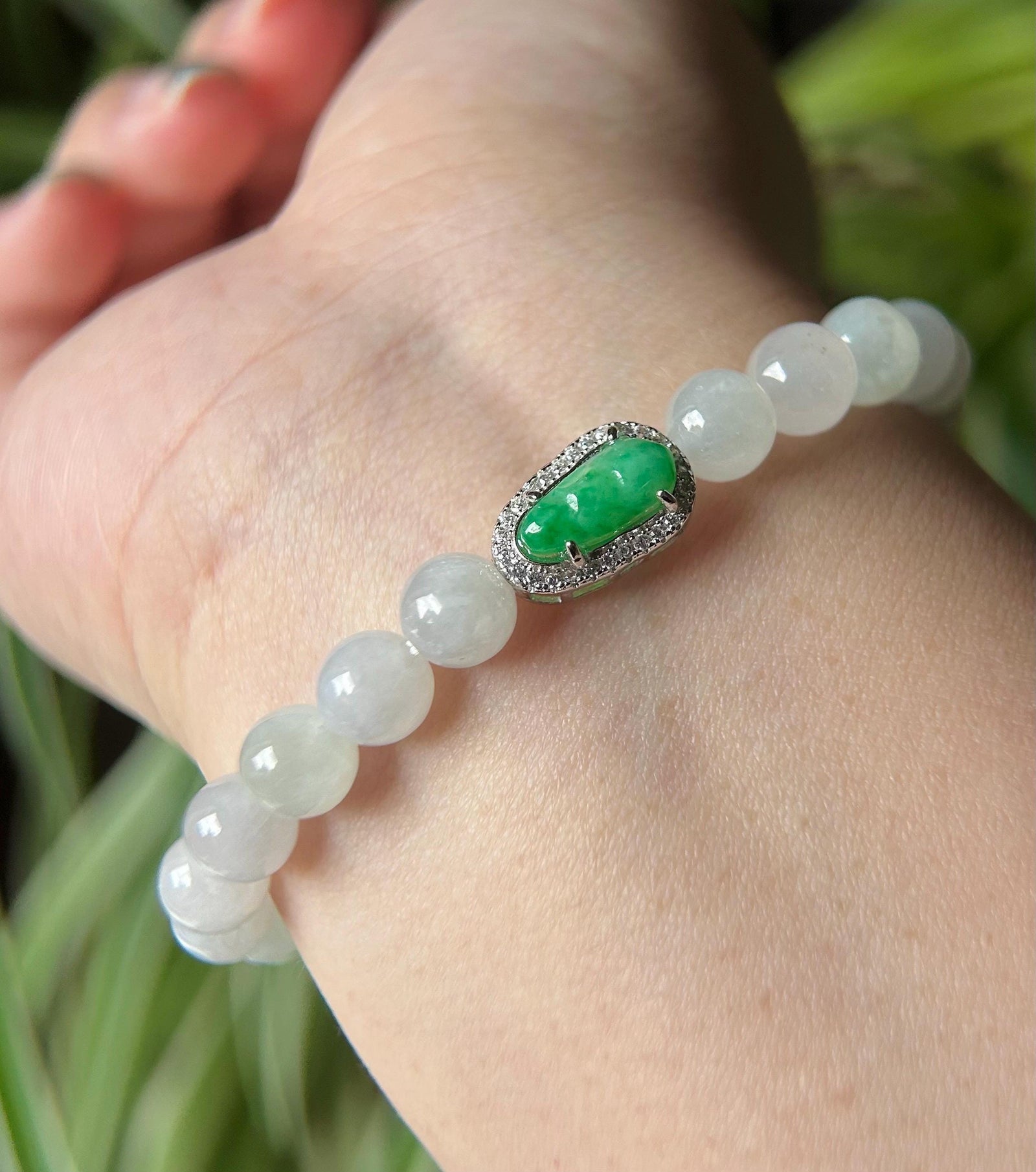 Natural Jadeite Beaded Bracelet – Burmese Type A Icy White 7mm Beads, Green Jade Pea Charm, Sterling Silver Frame
