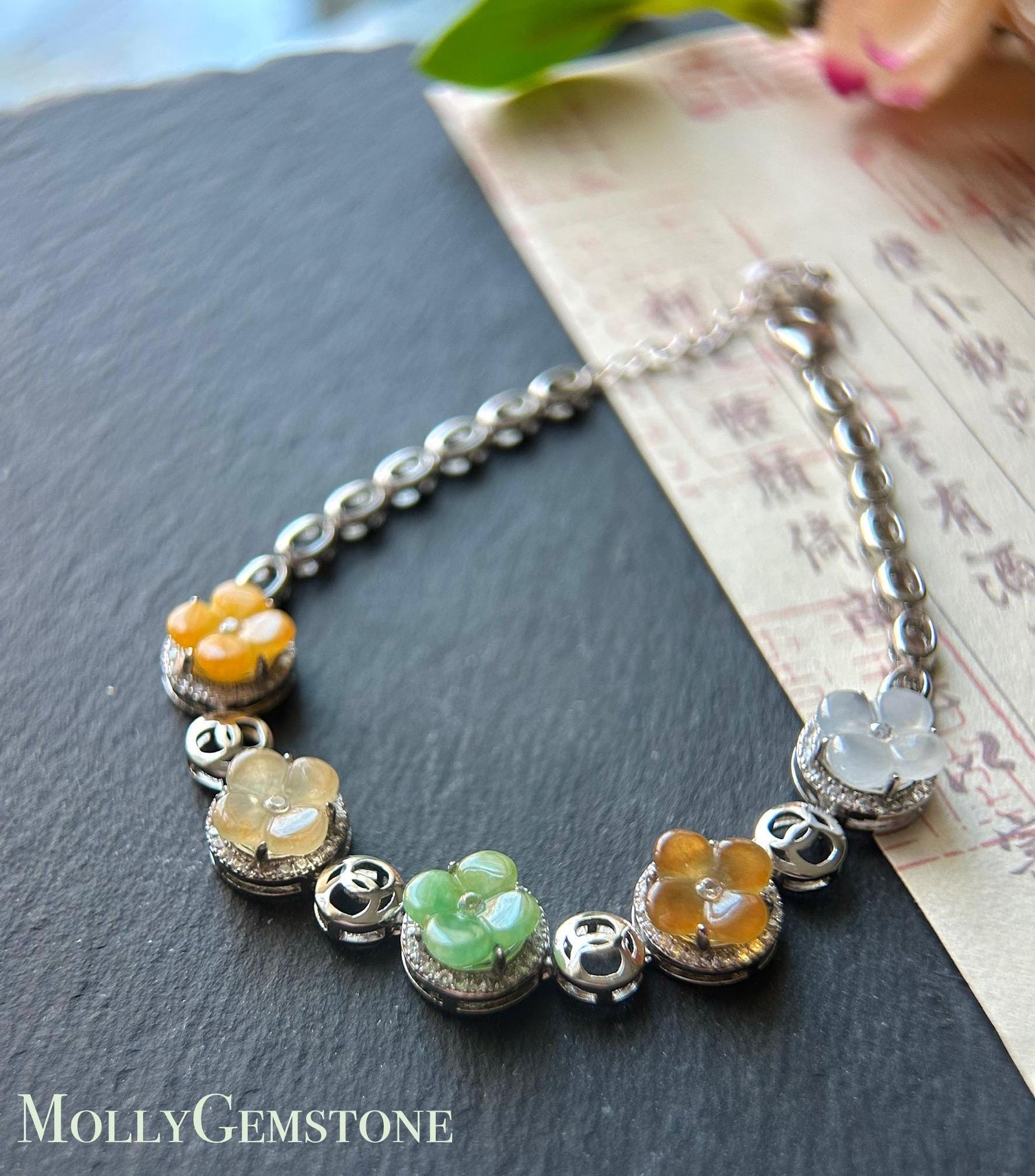 Natura Jadeite Handmade Osmanthus Flower Sterling Silver Bracelet - Certified Untreated Burmese Type A Highly Translucent Multicolor Jade