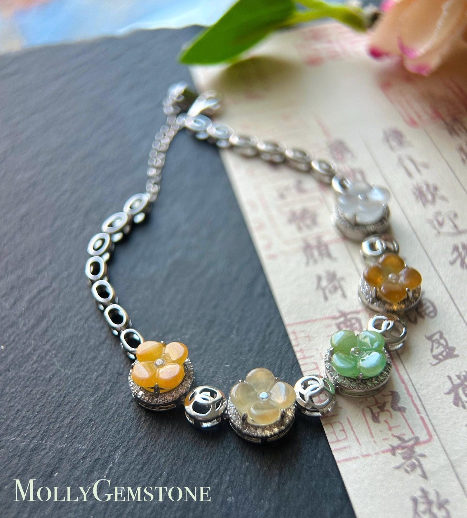 Natura Jadeite Handmade Osmanthus Flower Sterling Silver Bracelet - Certified Untreated Burmese Type A Highly Translucent Multicolor Jade