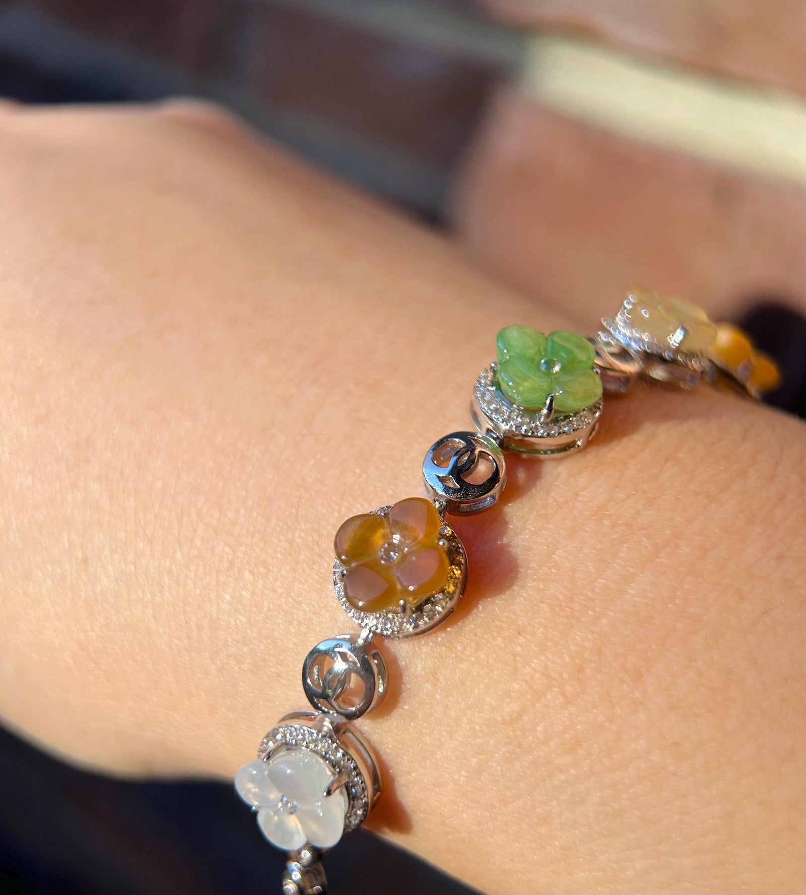 Natura Jadeite Handmade Osmanthus Flower Sterling Silver Bracelet - Certified Untreated Burmese Type A Highly Translucent Multicolor Jade