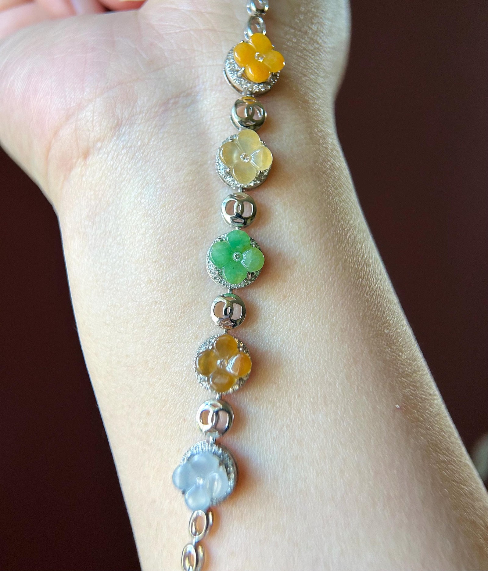 Natura Jadeite Handmade Osmanthus Flower Sterling Silver Bracelet - Certified Untreated Burmese Type A Highly Translucent Multicolor Jade