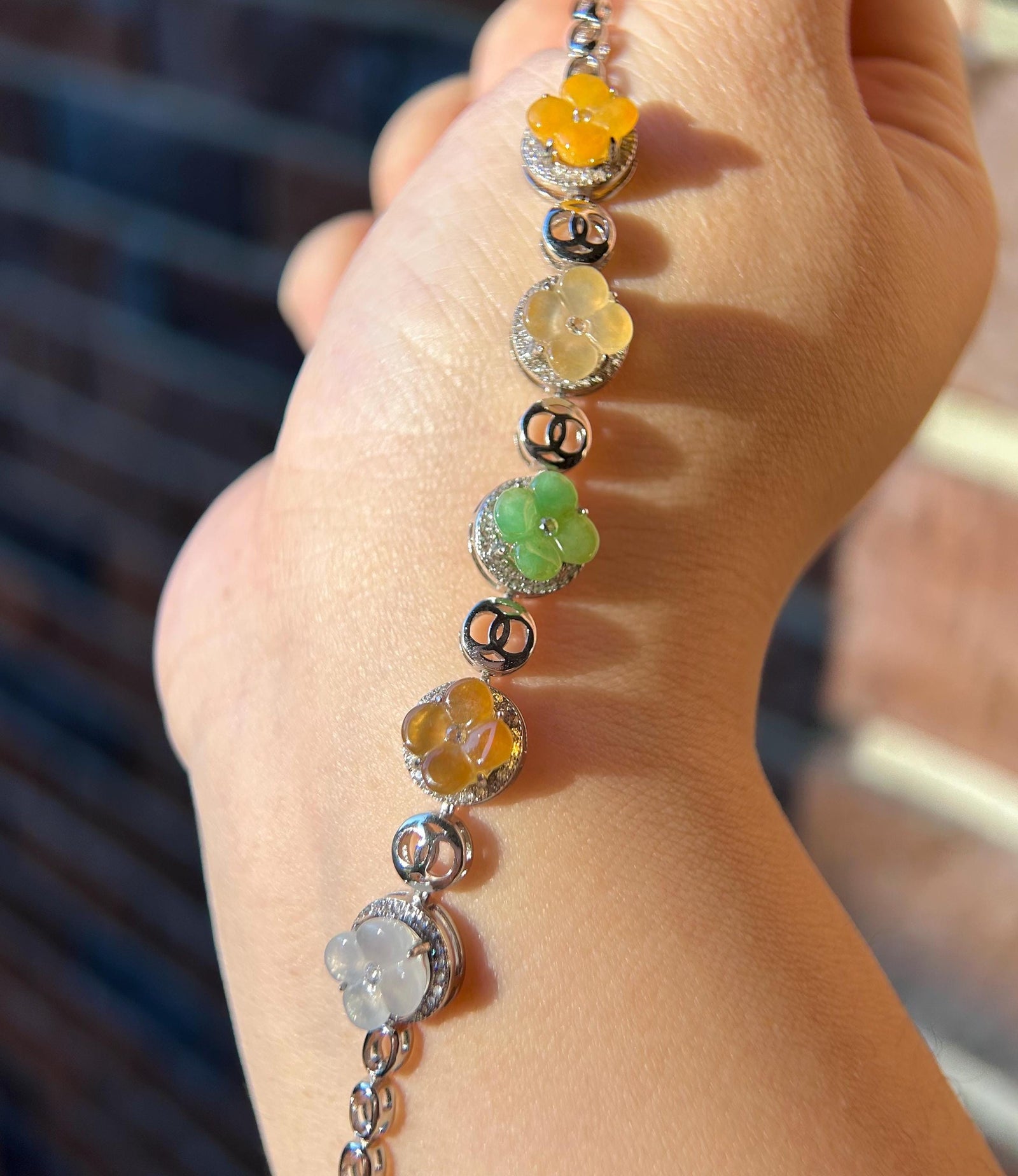 Natura Jadeite Handmade Osmanthus Flower Sterling Silver Bracelet - Certified Untreated Burmese Type A Highly Translucent Multicolor Jade