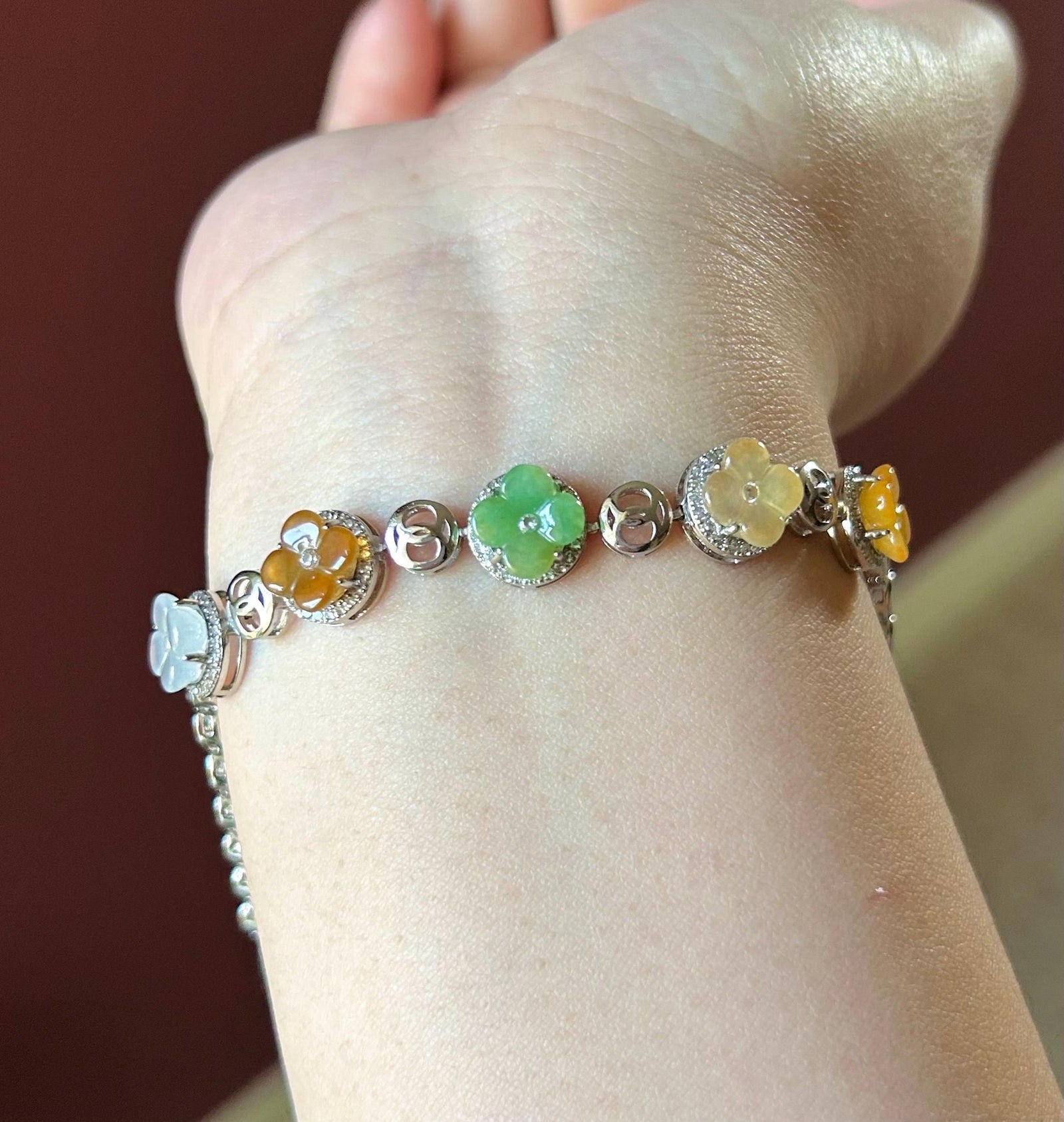 Natura Jadeite Handmade Osmanthus Flower Sterling Silver Bracelet - Certified Untreated Burmese Type A Highly Translucent Multicolor Jade