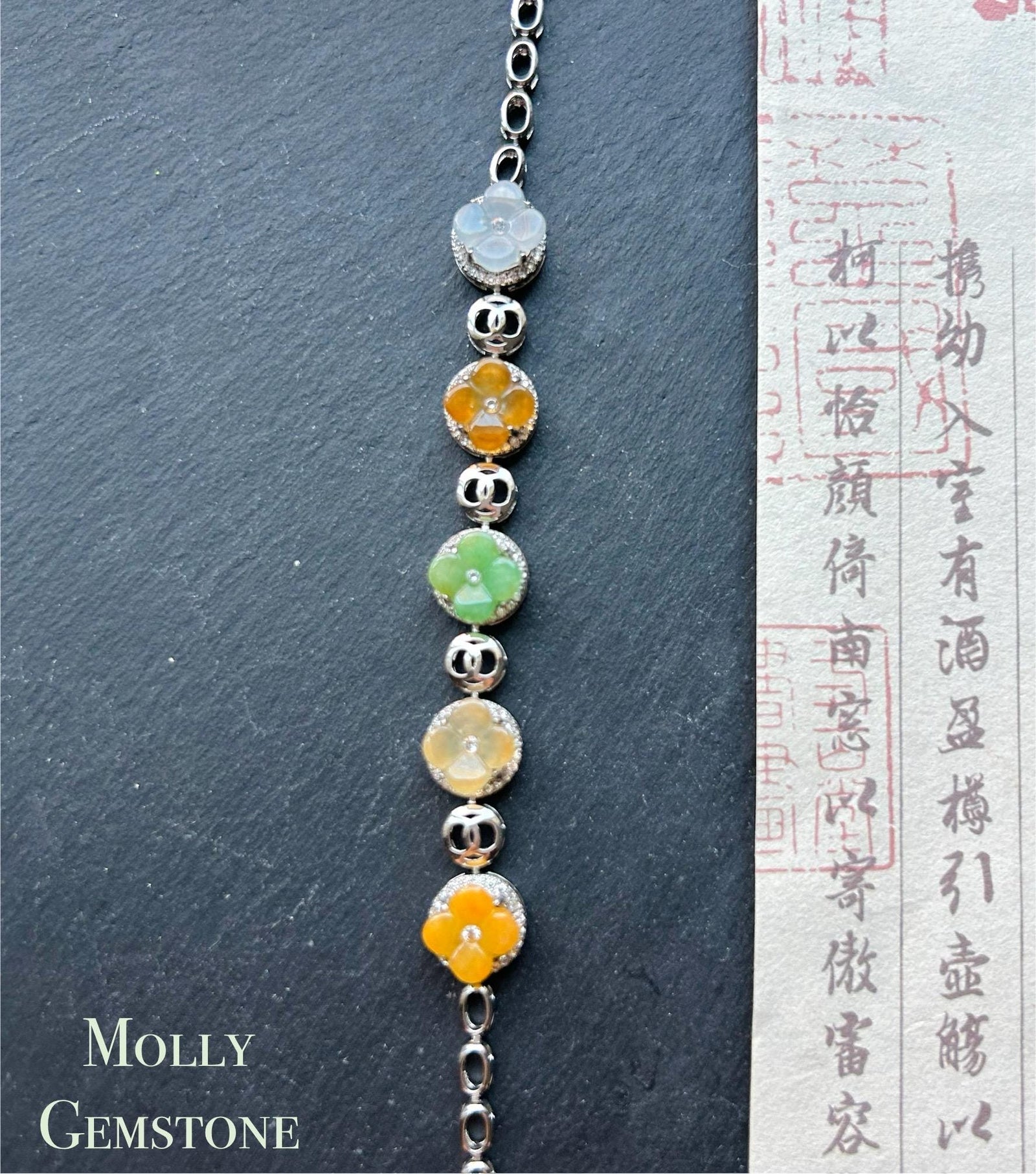 Natura Jadeite Handmade Osmanthus Flower Sterling Silver Bracelet - Certified Untreated Burmese Type A Highly Translucent Multicolor Jade