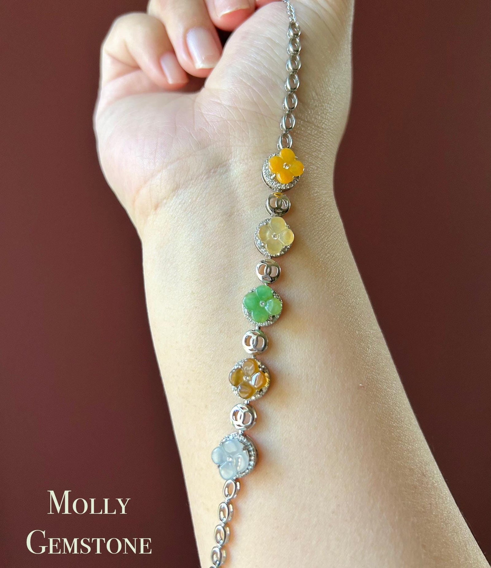 Natura Jadeite Handmade Osmanthus Flower Sterling Silver Bracelet - Certified Untreated Burmese Type A Highly Translucent Multicolor Jade