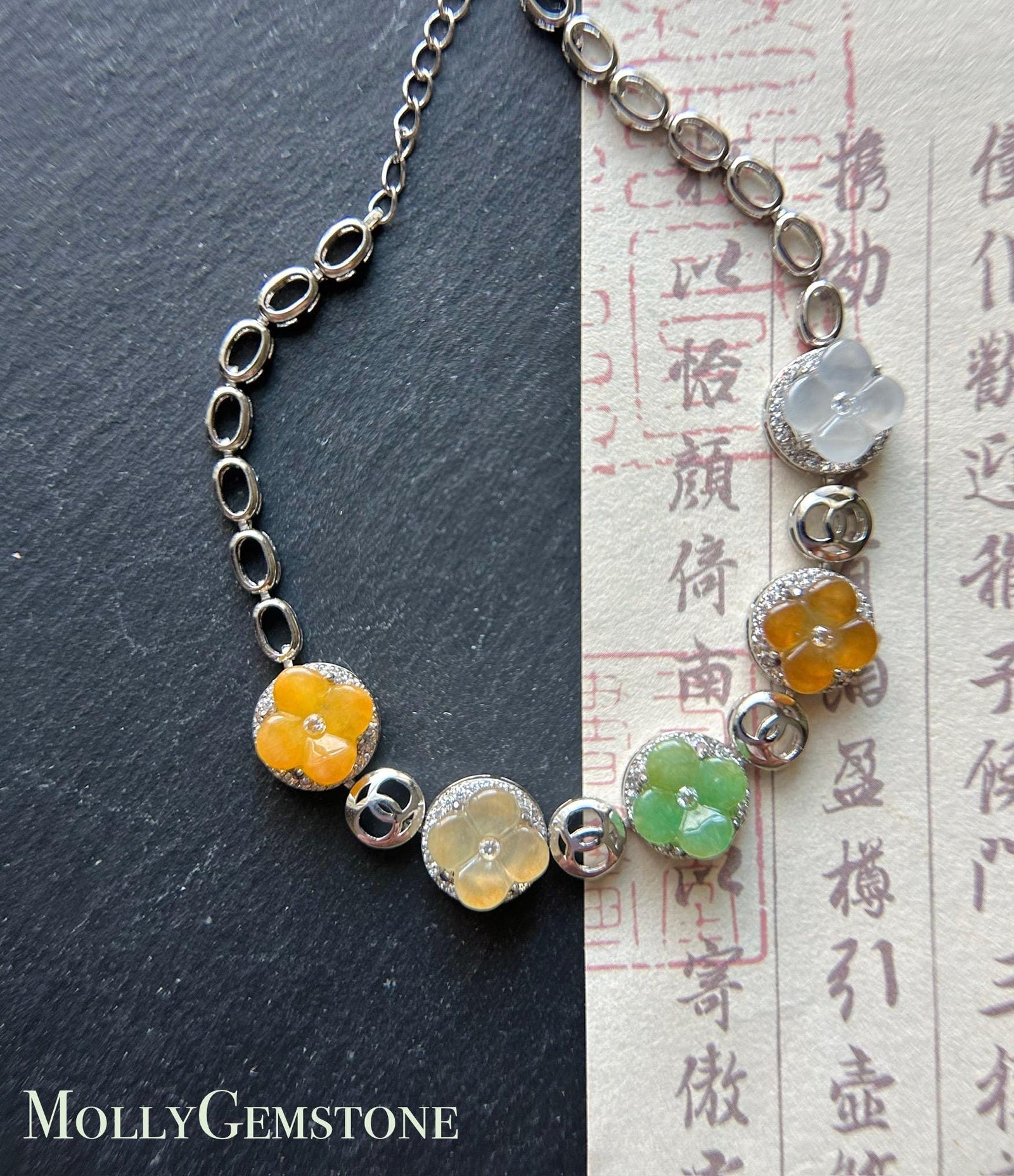 Natura Jadeite Handmade Osmanthus Flower Sterling Silver Bracelet - Certified Untreated Burmese Type A Highly Translucent Multicolor Jade
