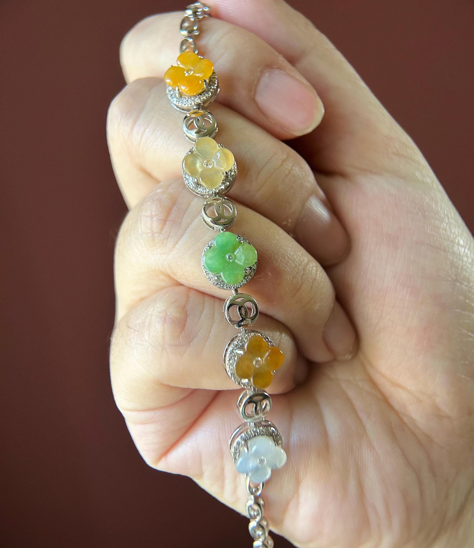 Natura Jadeite Handmade Osmanthus Flower Sterling Silver Bracelet - Certified Untreated Burmese Type A Highly Translucent Multicolor Jade