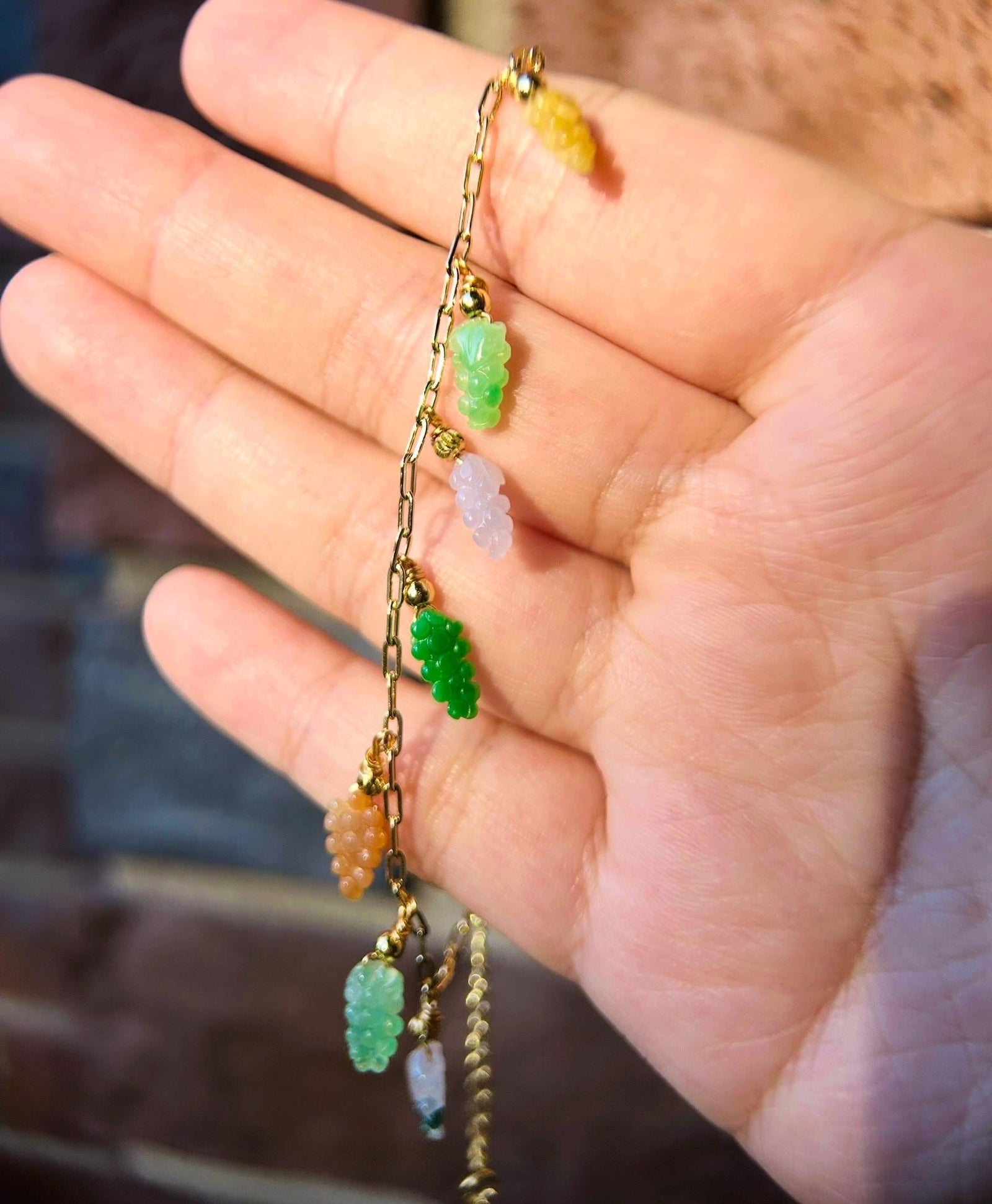 Certified Natural Jadeite Grapes & 18k Gold Plated Brass Handmade Bracelet/Anklet - Burmese Type A High Translucency Multicolor Jade