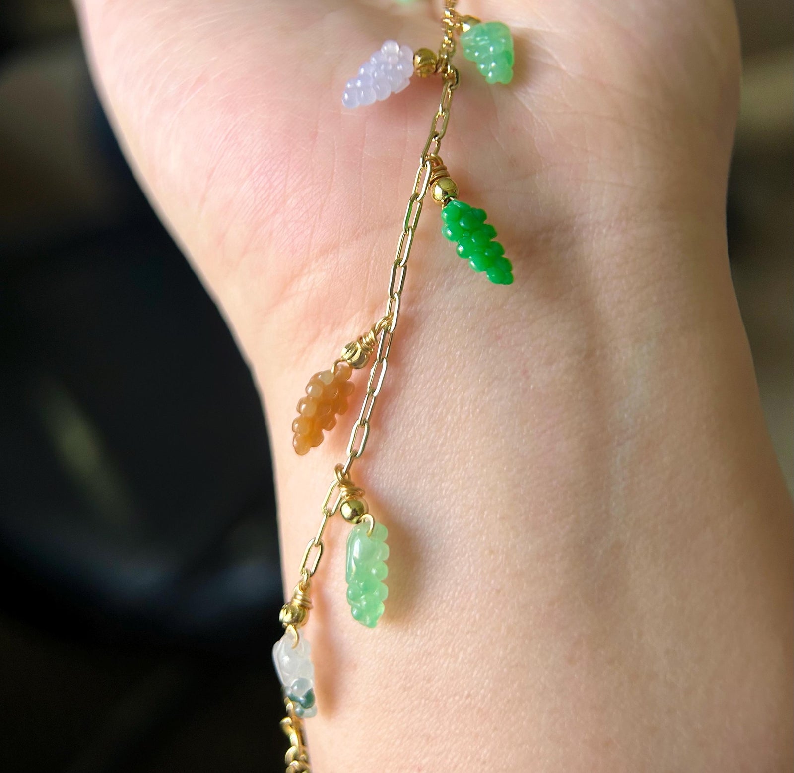 Certified Natural Jadeite Grapes & 18k Gold Plated Brass Handmade Bracelet/Anklet - Burmese Type A High Translucency Multicolor Jade