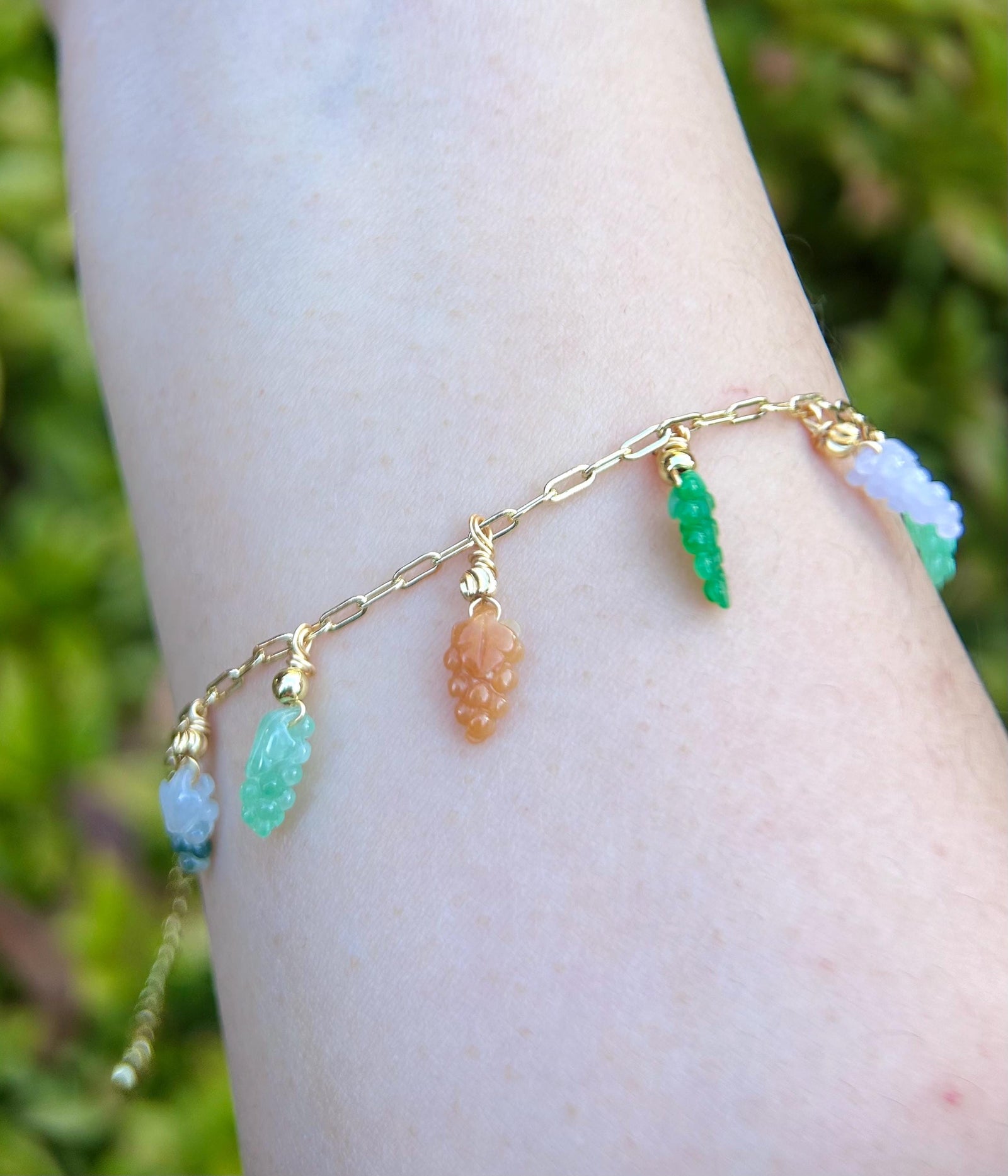 Certified Natural Jadeite Grapes & 18k Gold Plated Brass Handmade Bracelet/Anklet - Burmese Type A High Translucency Multicolor Jade