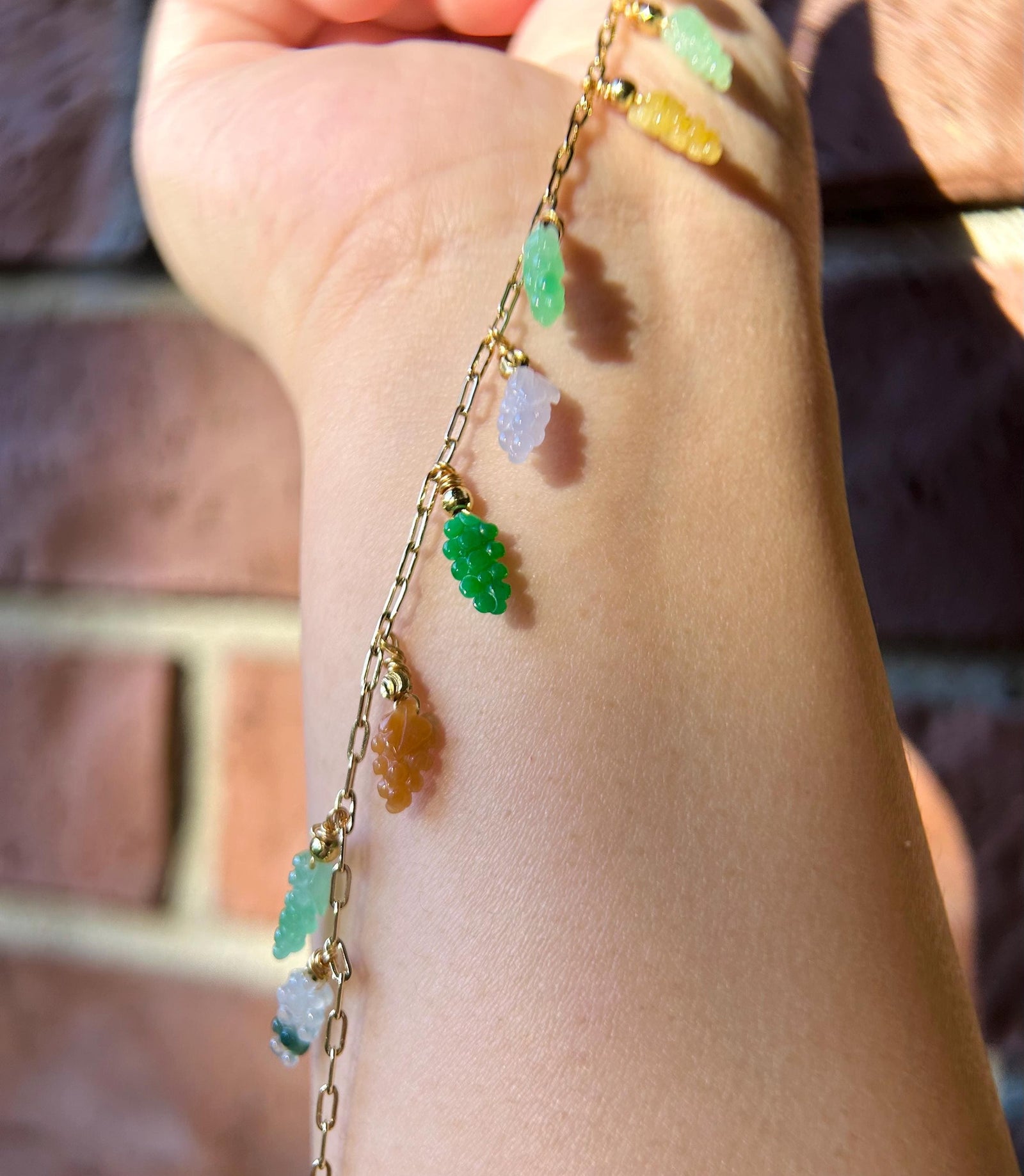 Certified Natural Jadeite Grapes & 18k Gold Plated Brass Handmade Bracelet/Anklet - Burmese Type A High Translucency Multicolor Jade