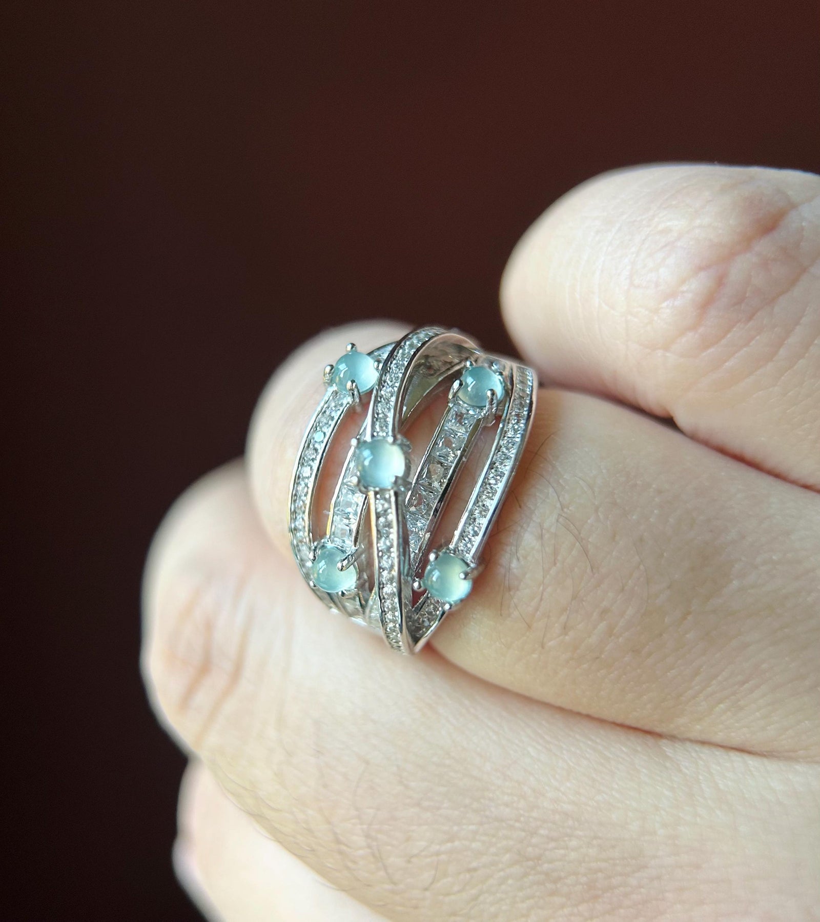 Natural Jadeite & Sterling Silver Adjustable Ring Band Authentic Type A Translucent Icy Green or Blue Jade