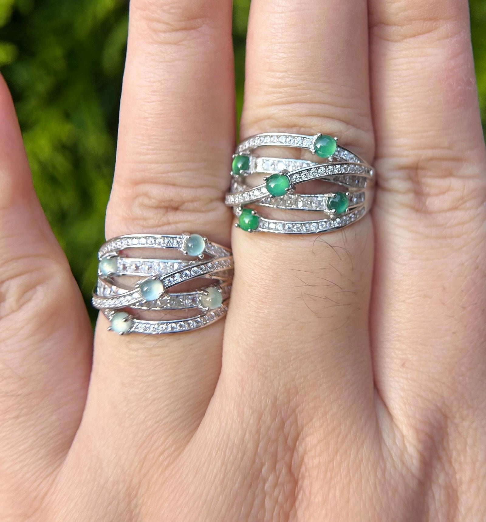 Natural Jadeite & Sterling Silver Adjustable Ring Band Authentic Type A Translucent Icy Green or Blue Jade