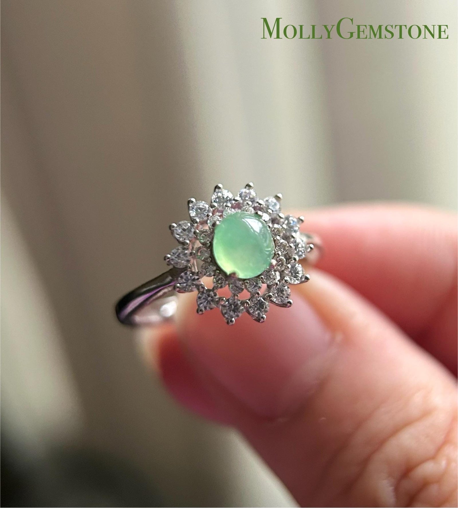 Natural Jadeite & 925 Sterling Silver Adjustable Ring Burmese Type A Highly Translucent Icy Mint Green/Yellow Jade Christmas Gift