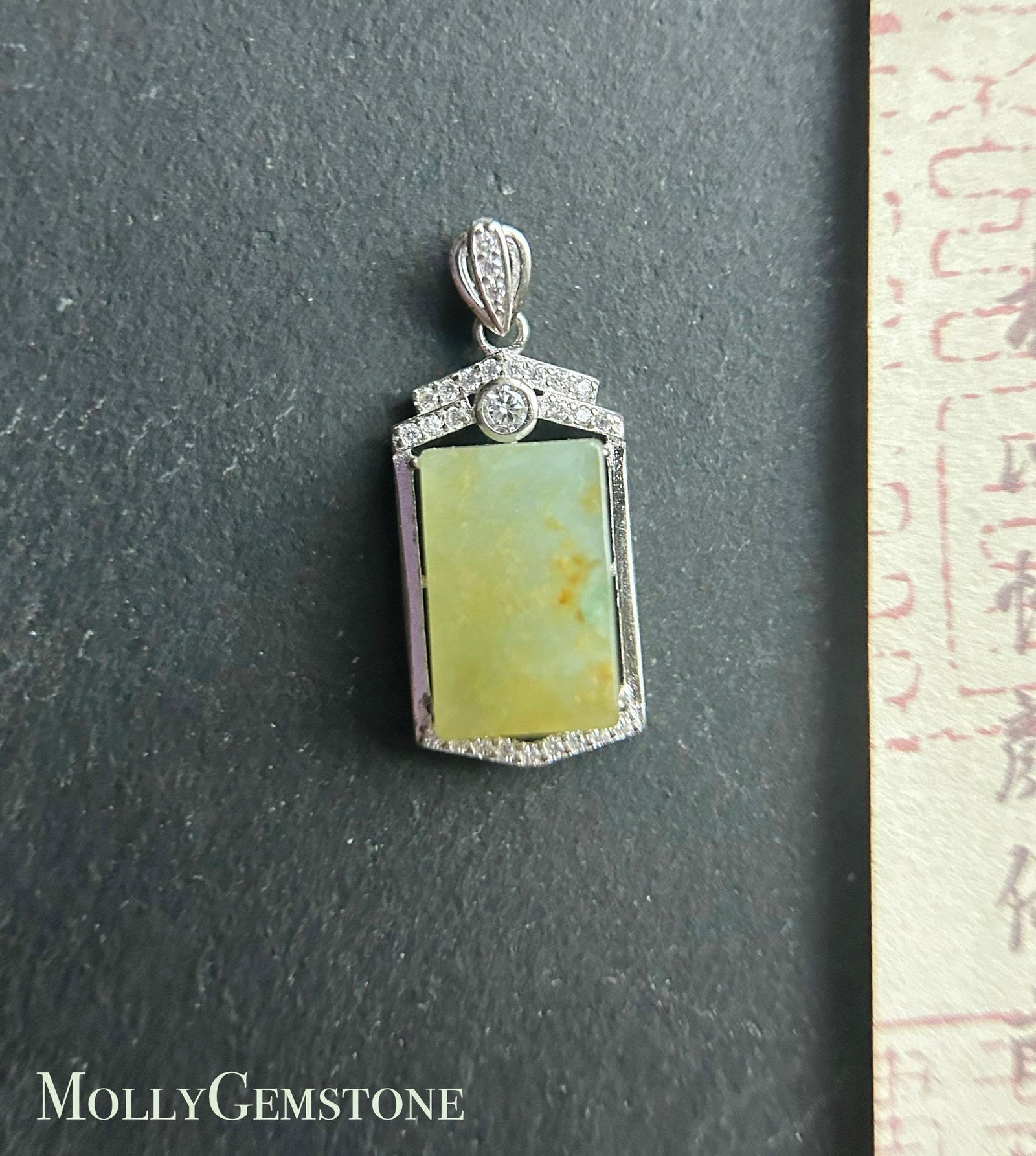 Jadeite Pendant Necklace Natural Burmese Type A Translucent Icy Yellow & Blue Floral Jade Sterling Silver Frame