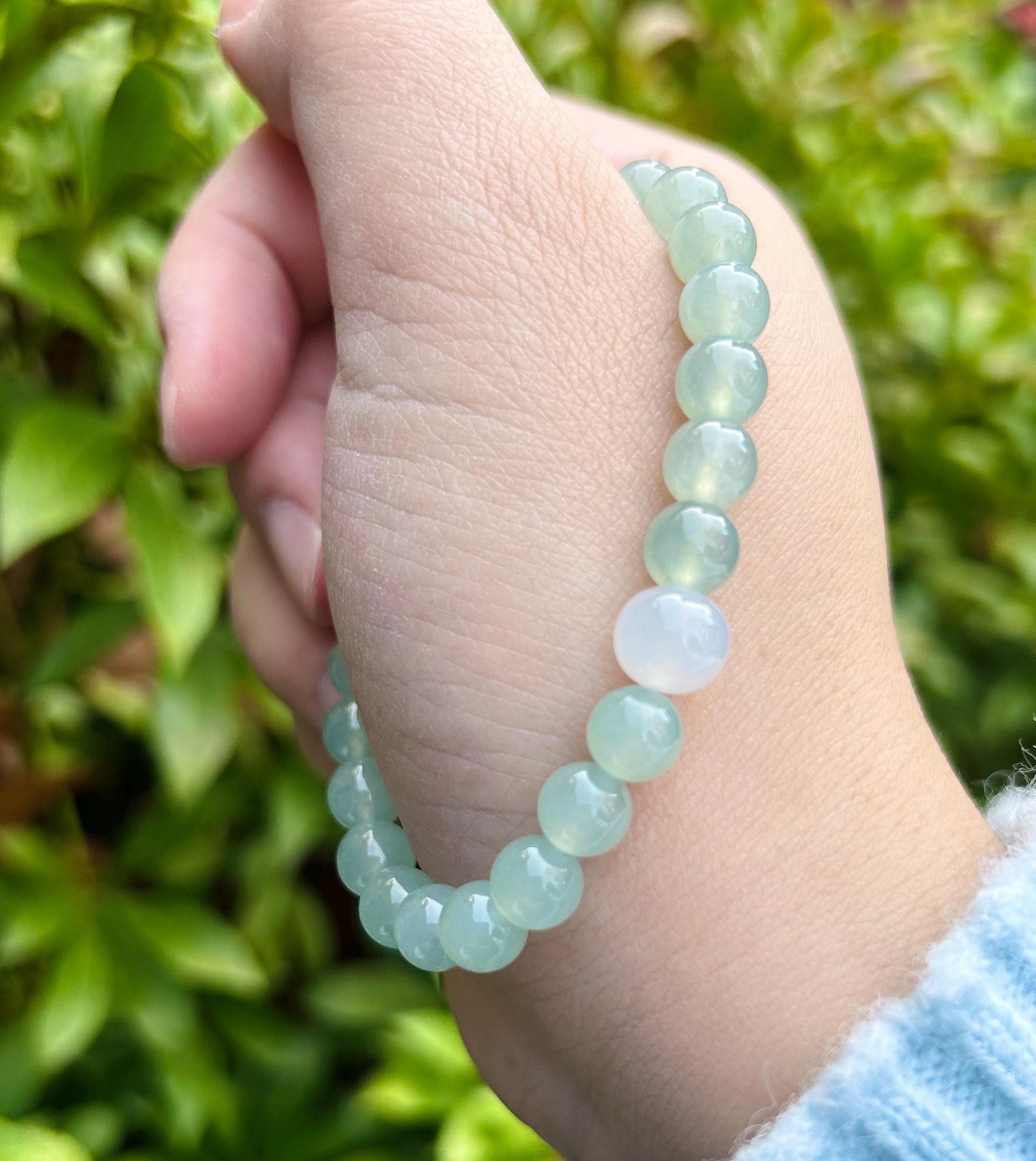 Natural Jadeite Beaded Bracelet Burmese Type A Super High Translucency Icy Clear Water Green/Blue Jade 7mm