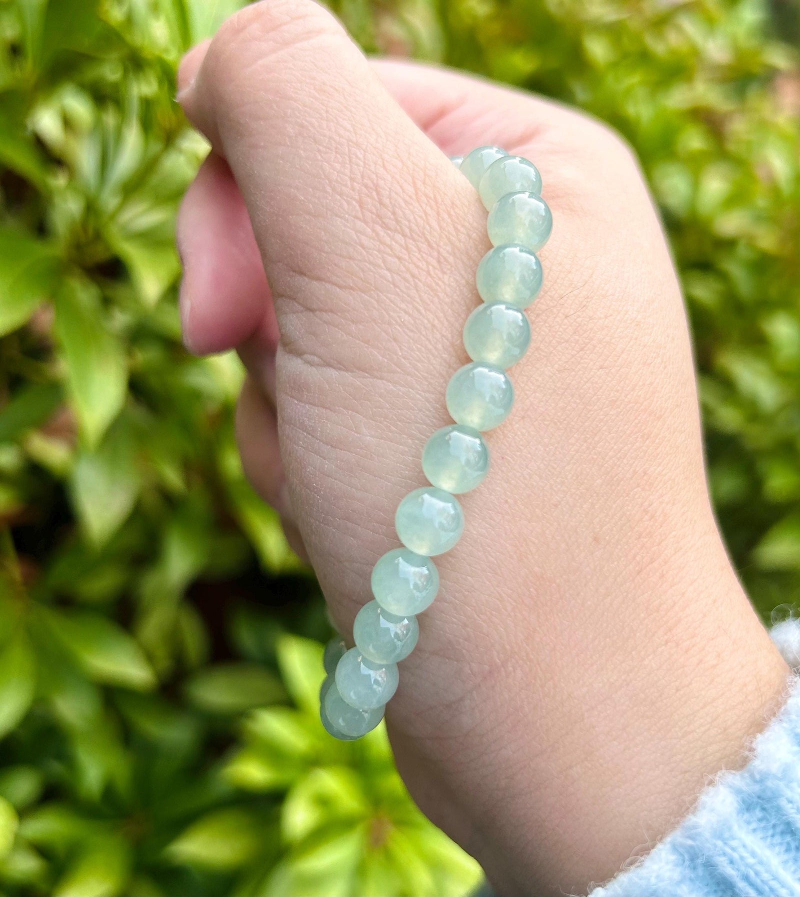 Natural Jadeite Beaded Bracelet Burmese Type A Super High Translucency Icy Clear Water Green/Blue Jade 7mm
