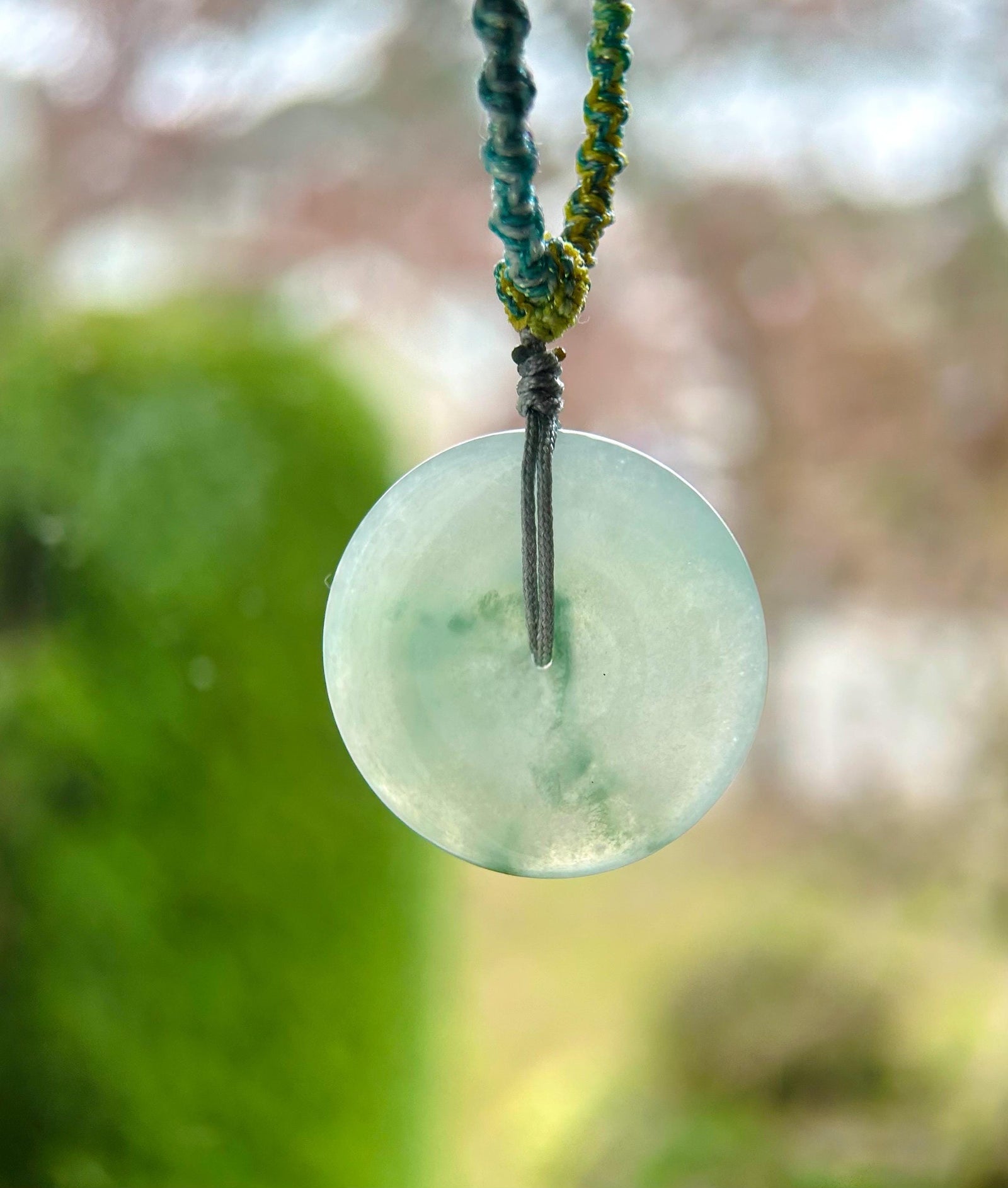 Natural Jadeite Jade Lucky Donut Pendant Handwoven Necklace Burmese Type A Icy Green Floral Jade PingAnKou 29.5x6.5mm