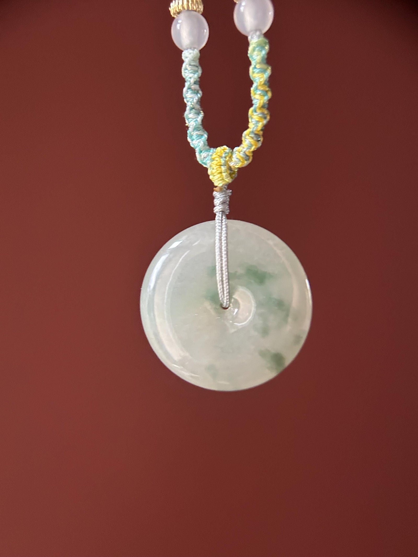 Natural Jadeite Jade Lucky Donut Pendant Handwoven Necklace Burmese Type A Icy Green Floral Jade PingAnKou 29.5x6.5mm