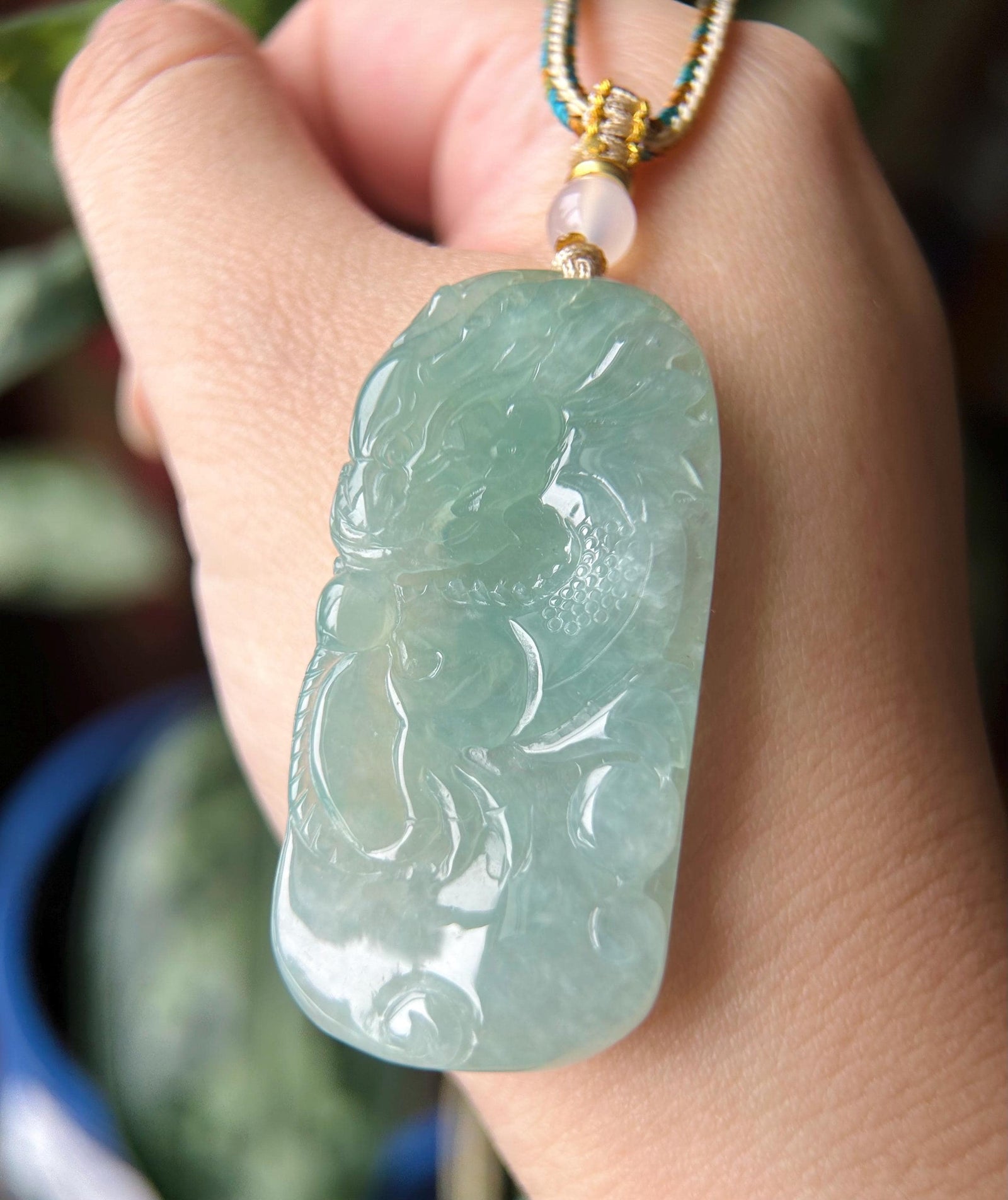 Burmese Blue Jadeite Dragon Pendant Handwoven Necklace: Hand-Carved Natural Untreated Type A Green Blue Myanmar Jade