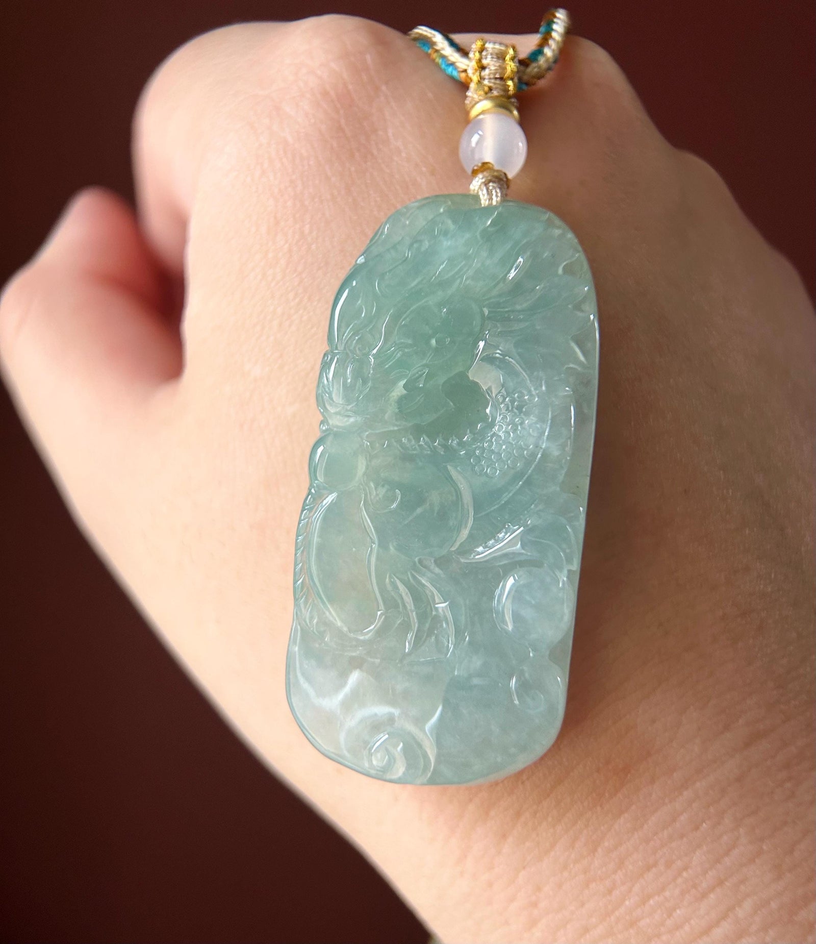 Burmese Blue Jadeite Dragon Pendant Handwoven Necklace: Hand-Carved Natural Untreated Type A Green Blue Myanmar Jade