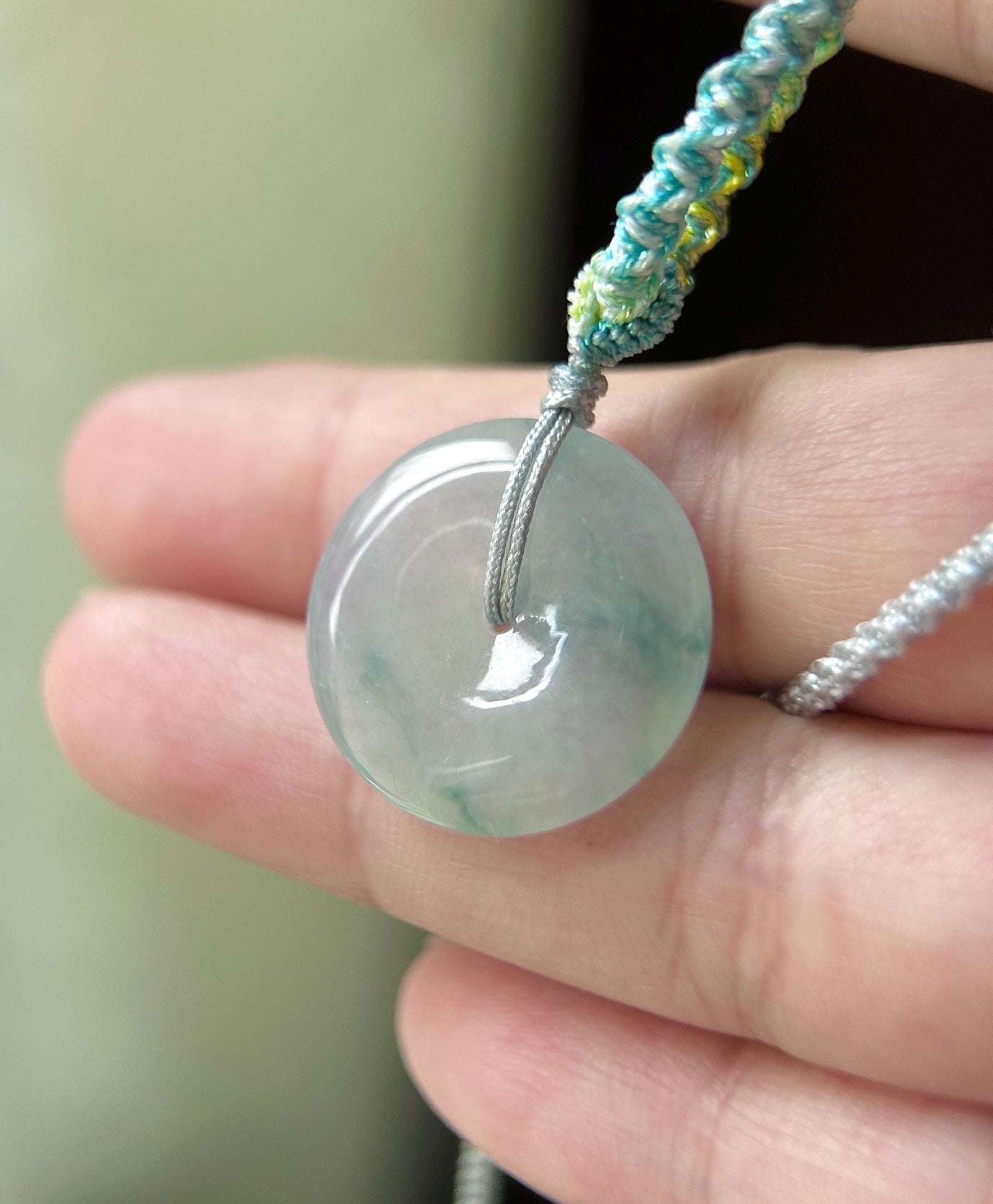 Natural Jadeite Lucky Donut Pendant Handwoven Necklace Burmese Type A Icy Light Lavender Blue Floral Jade PingAnKou 21.7 x 5mm
