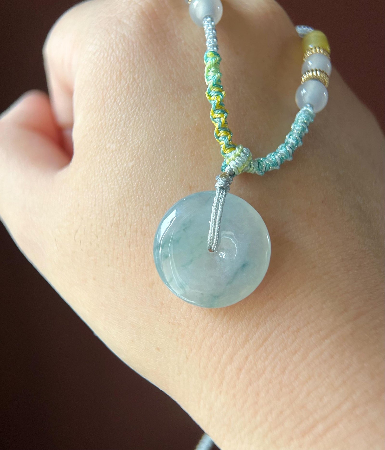Natural Jadeite Lucky Donut Pendant Handwoven Necklace Burmese Type A Icy Light Lavender Blue Floral Jade PingAnKou 21.7 x 5mm